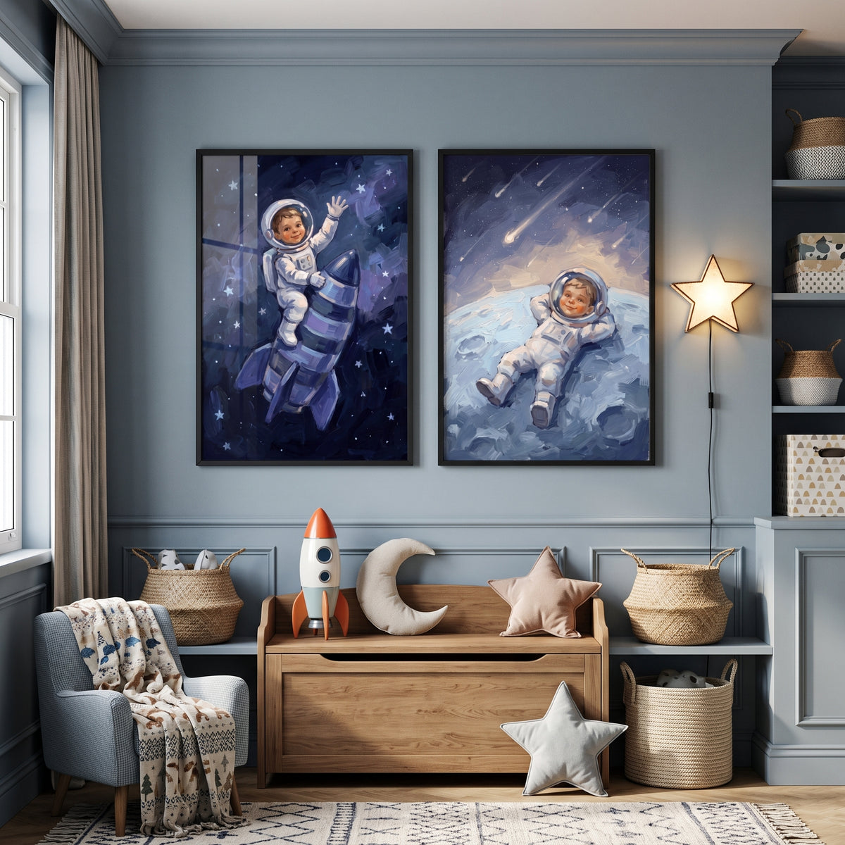 Sophisticated Space Baby Astronaut Wall Art Set of 2 - Moonlight Dreamer