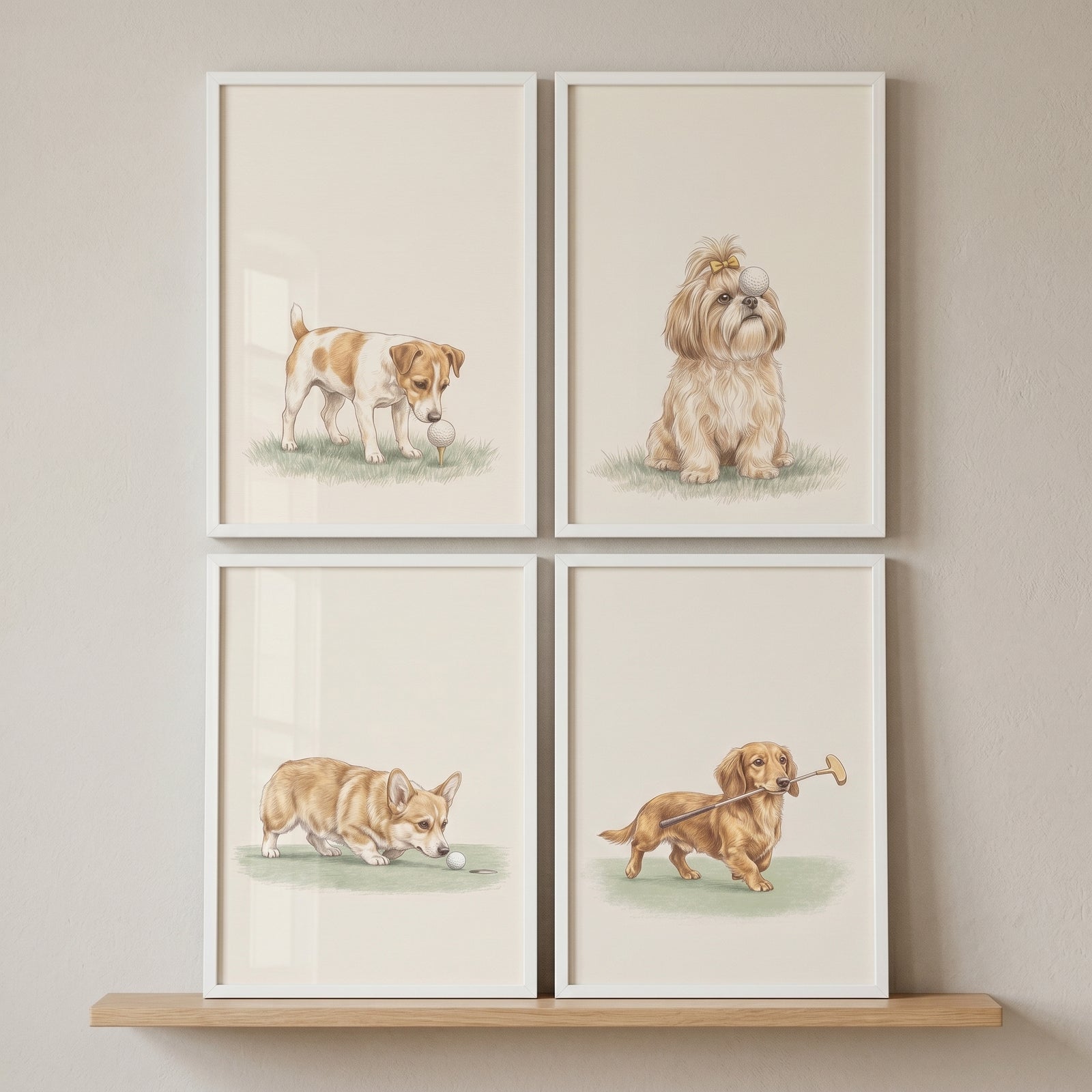 Sophisticated sporting golfing dogs wall art set of 4 shows four framed illustrations of dogs with golf balls and gear.