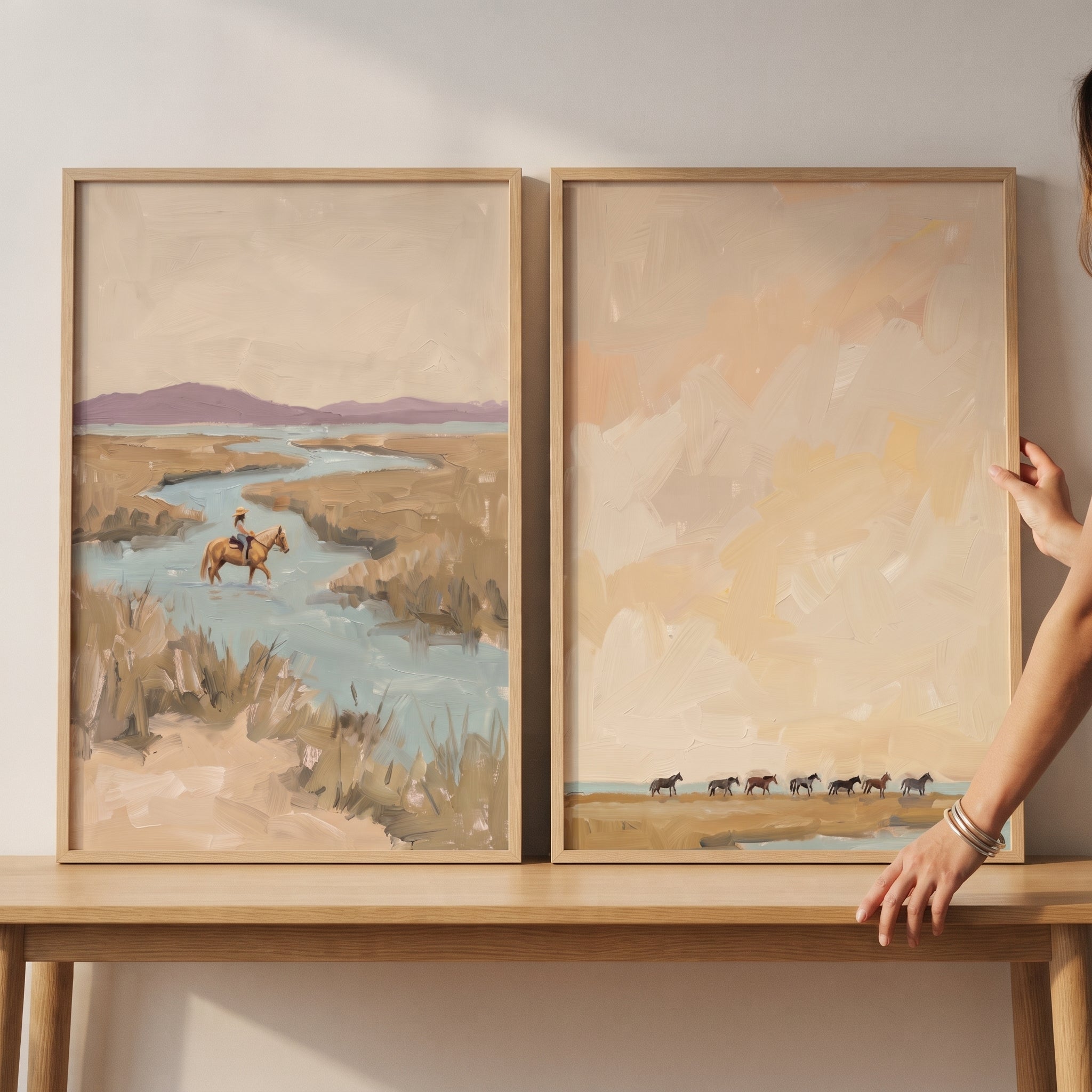 Sophisticated Tan Wetland Horses Wall Art Set of 2 - Quiet River Crossing