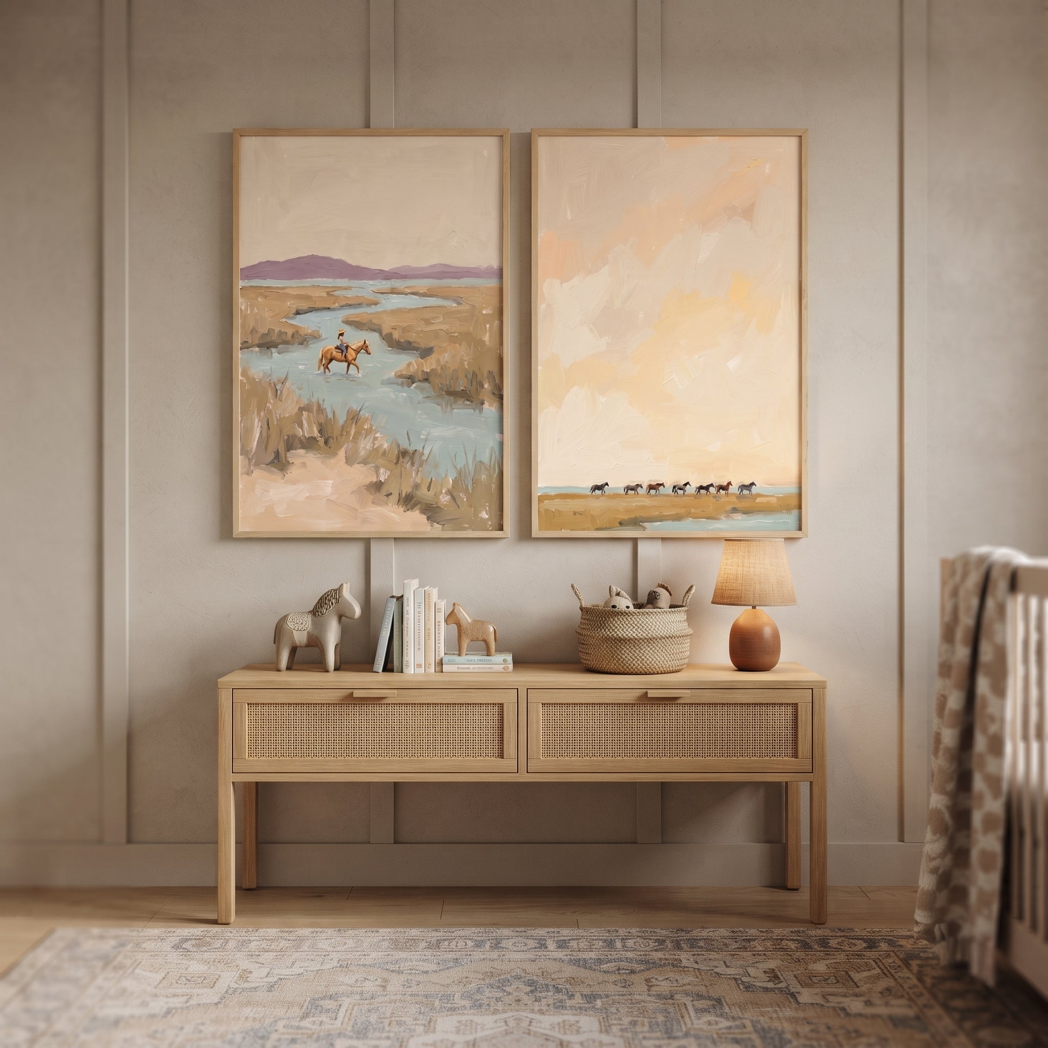 Sophisticated Tan Wetland Horses Wall Art Set of 2 - Quiet River Crossing