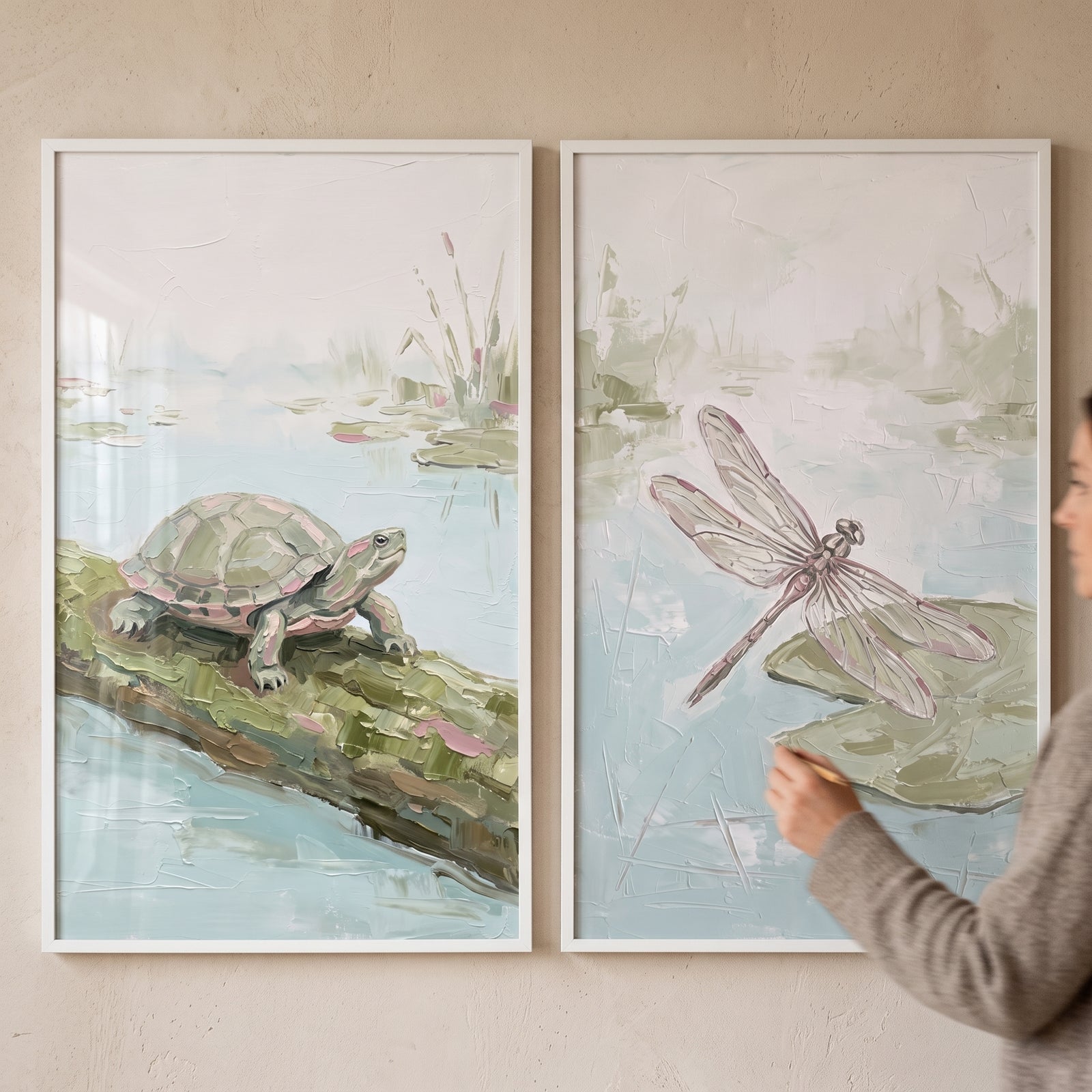 Sophisticated textured pond animals wall art set of 2 featuring a turtle on a log and a dragonfly on a lily pad.