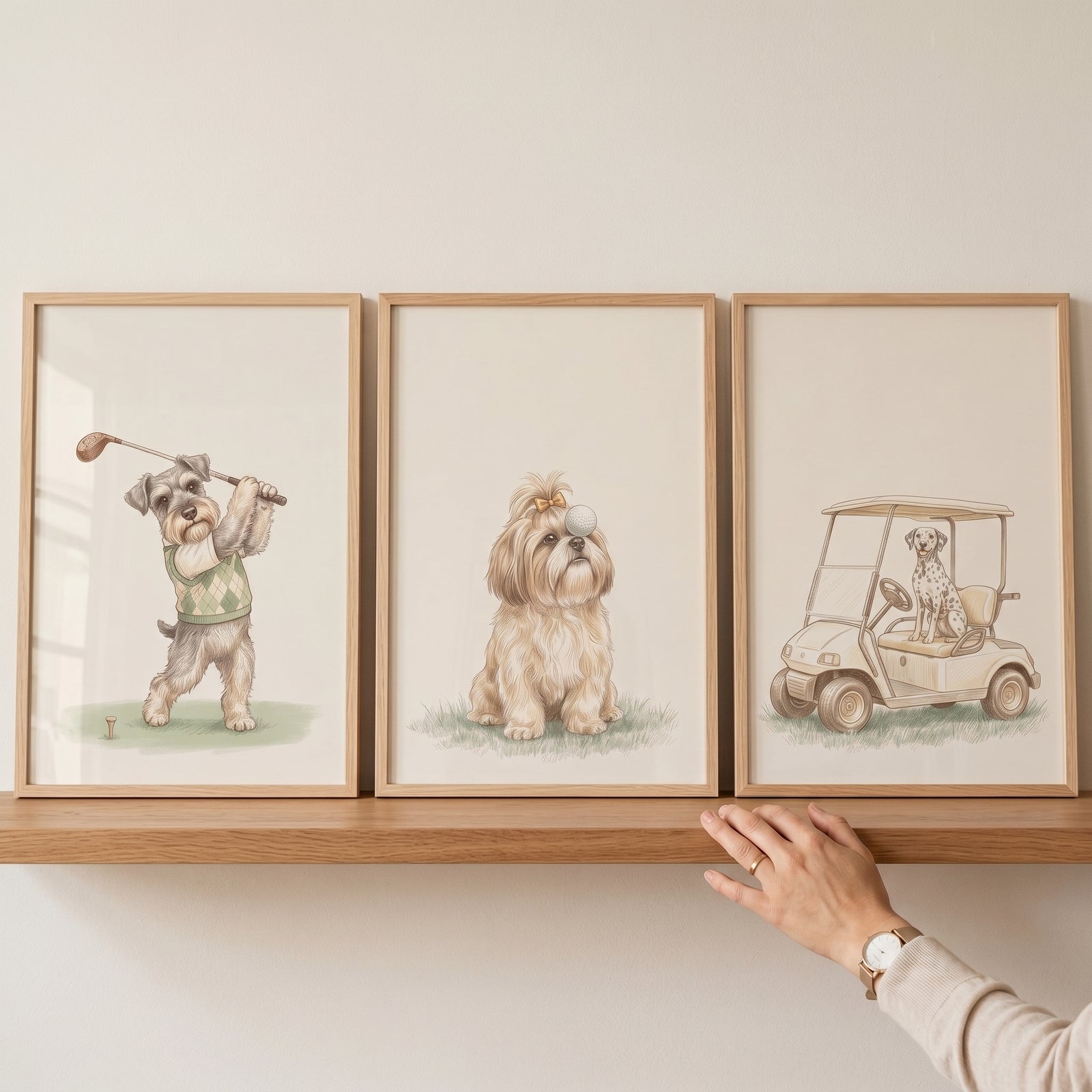 Sophisticated vintage golfing dogs wall art set of 3 includes dogs swinging a club, balancing a ball, and in a golf cart.