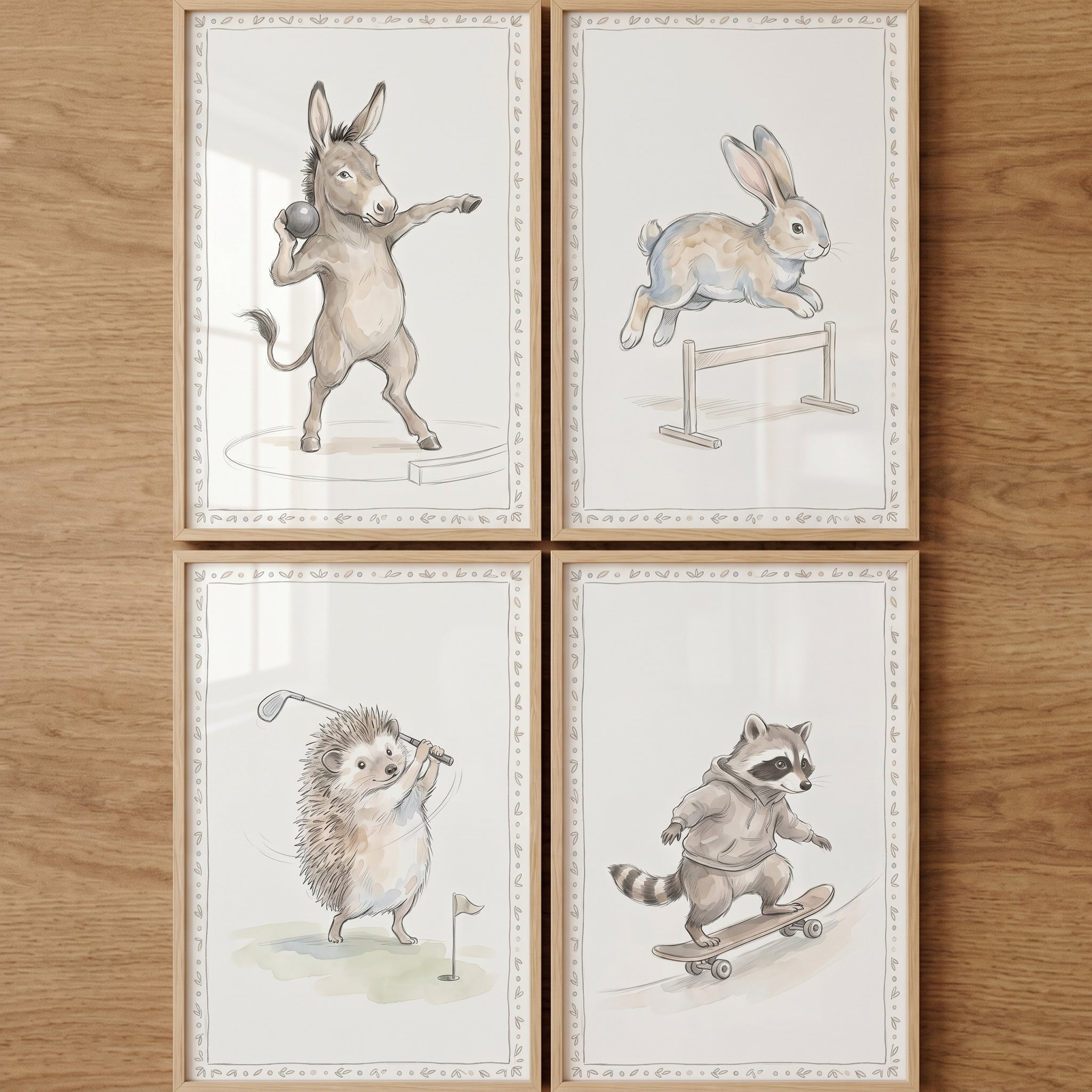 Sophisticated Watercolor Athletic Animal Wall Art Set of 4 - Active Forest Critters