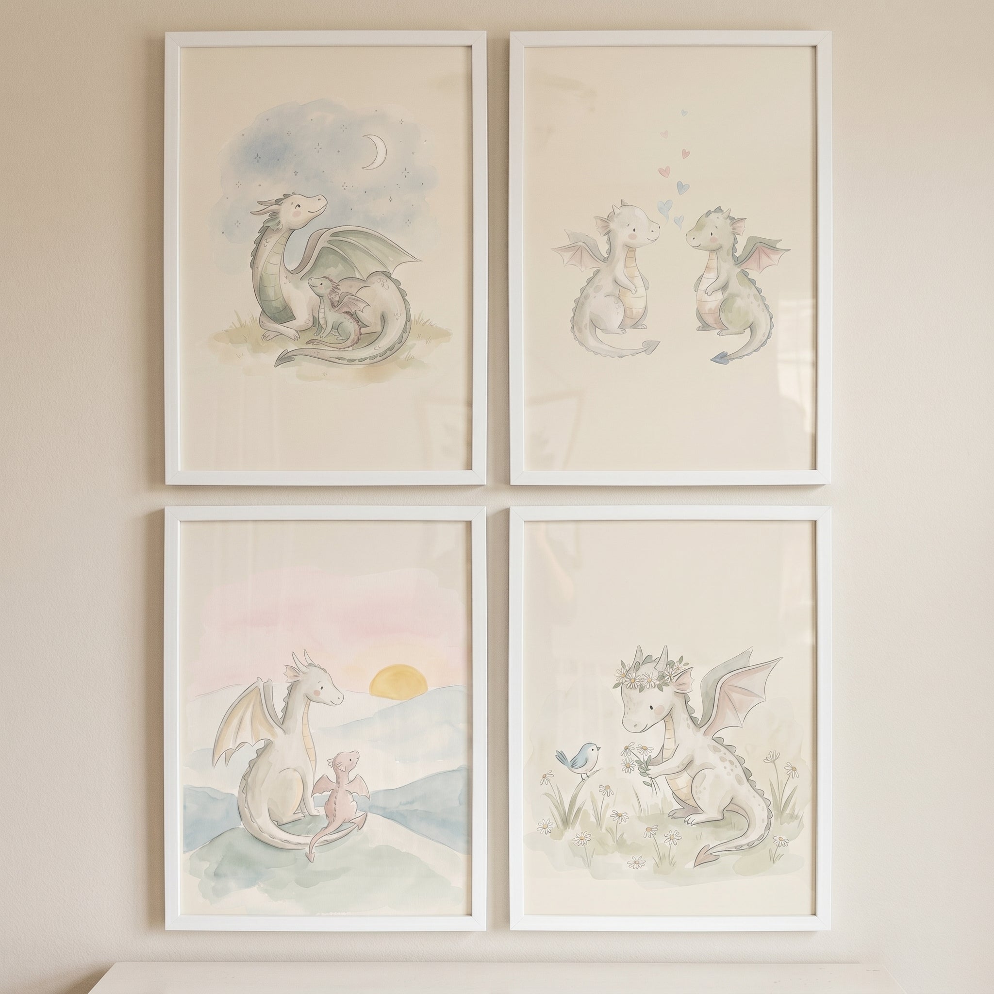 Sophisticated Watercolor Baby Dragon Wall Art Set of 4 - Sweet Dragon Dreams