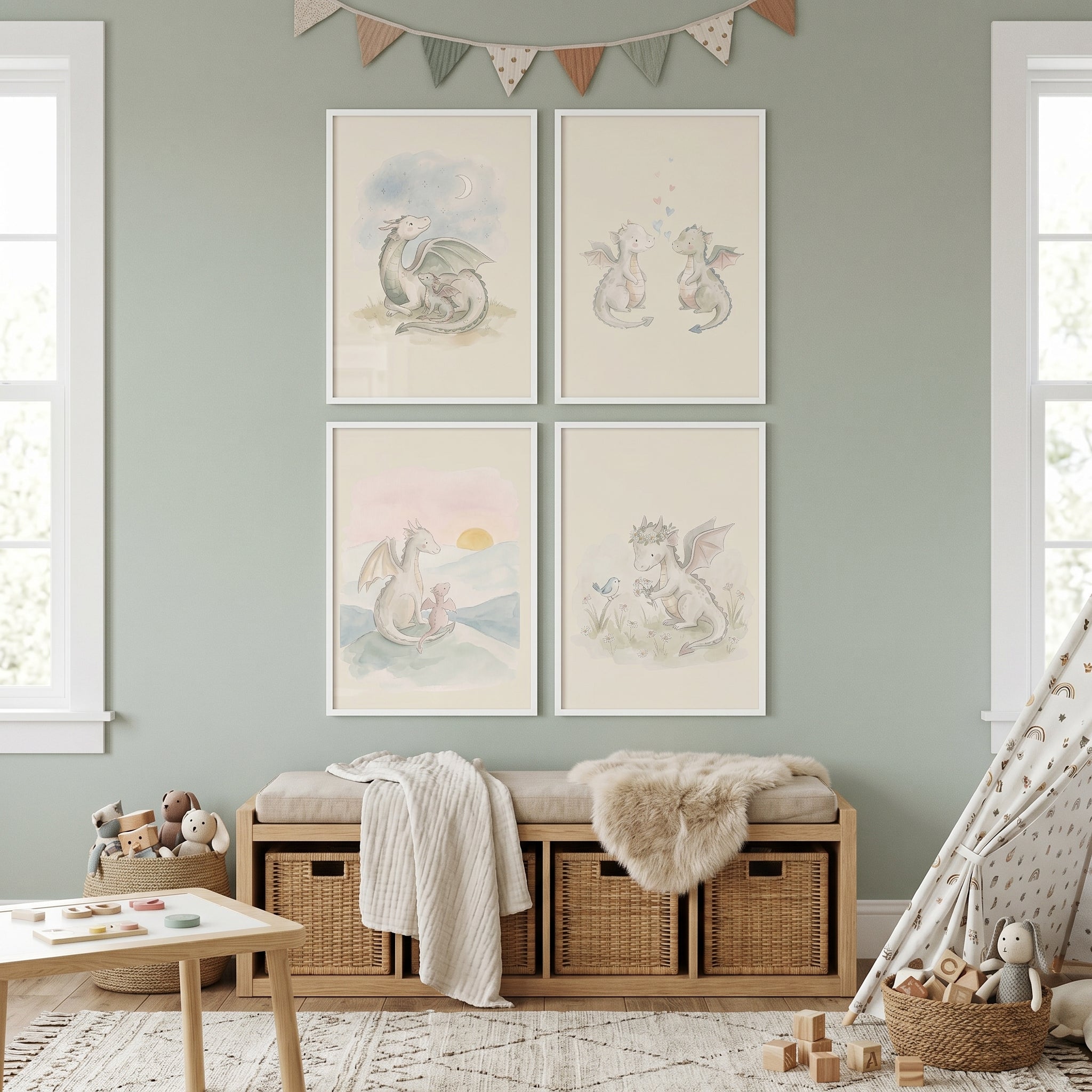 Sophisticated Watercolor Baby Dragon Wall Art Set of 4 - Sweet Dragon Dreams