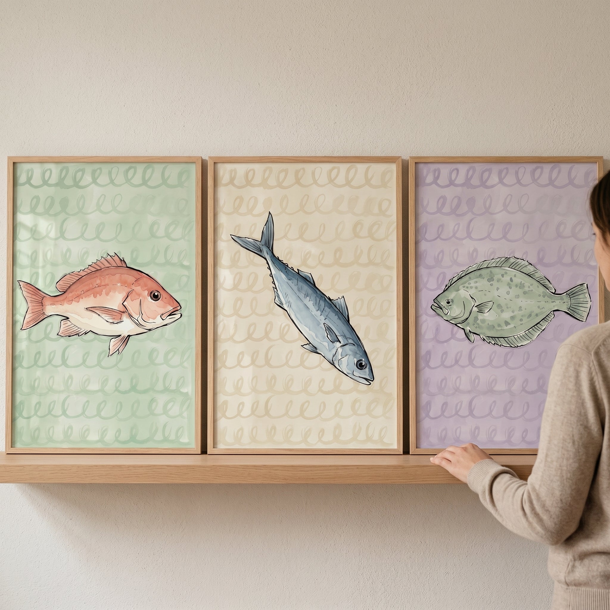 Sophisticated Watercolor Coastal Fish Wall Art Set of 3 - Watercolor Sea Specimens