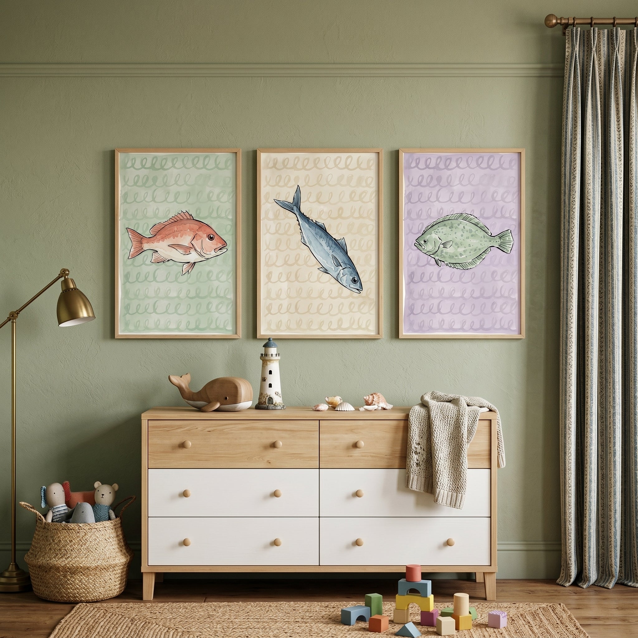 Sophisticated Watercolor Coastal Fish Wall Art Set of 3 - Watercolor Sea Specimens
