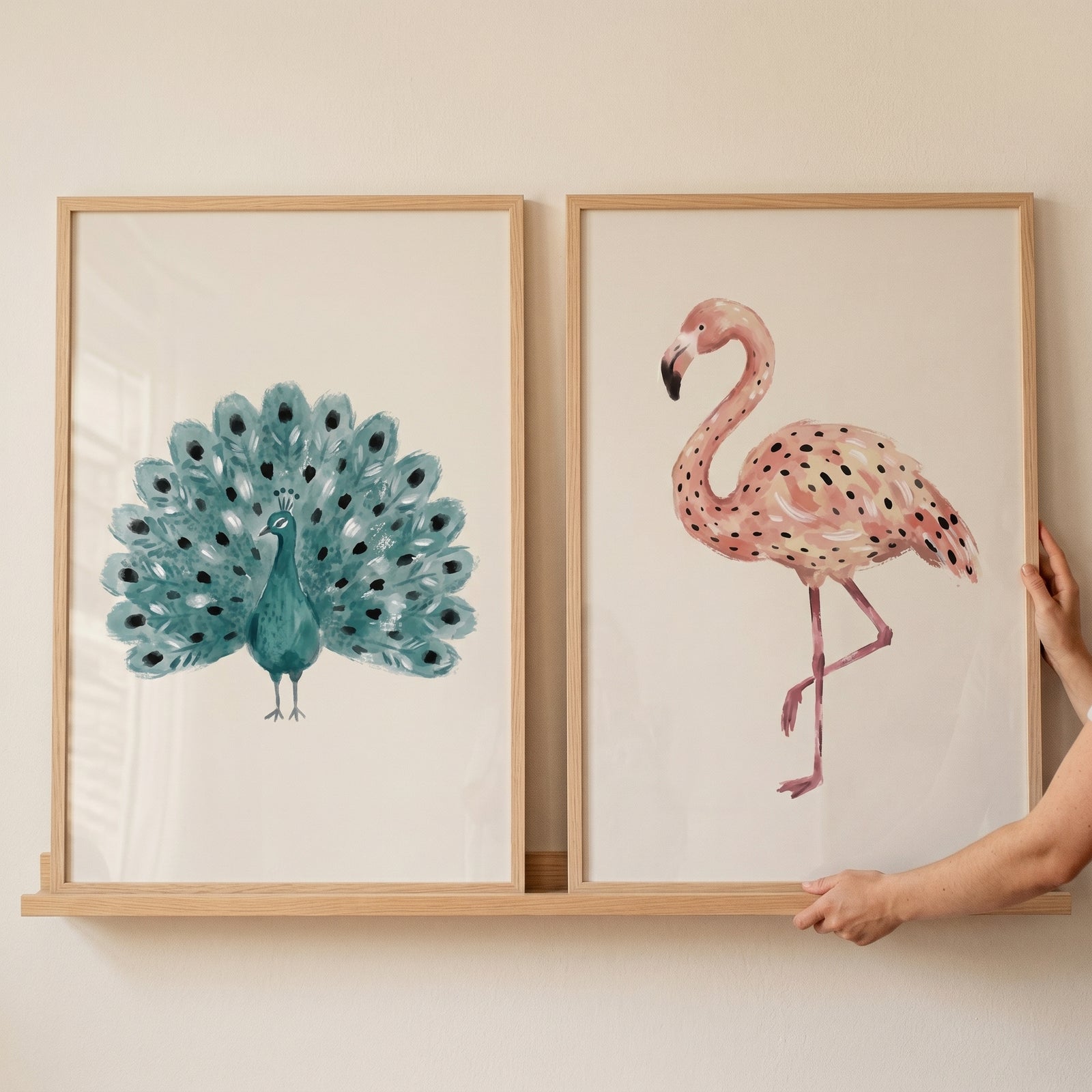 Sophisticated watercolor exotic birds wall art set of 2 featuring a peacock and flamingo on a wooden wall ledge.