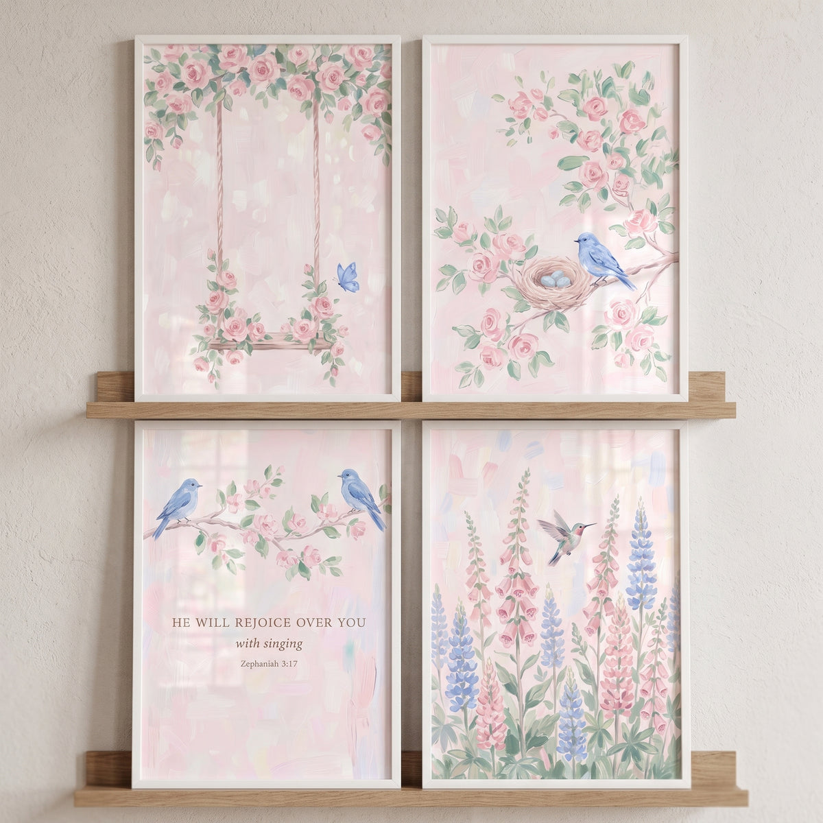 Sophisticated watercolor garden wall art set of 4 with birds, roses, a swing, and scripture on wood shelves.