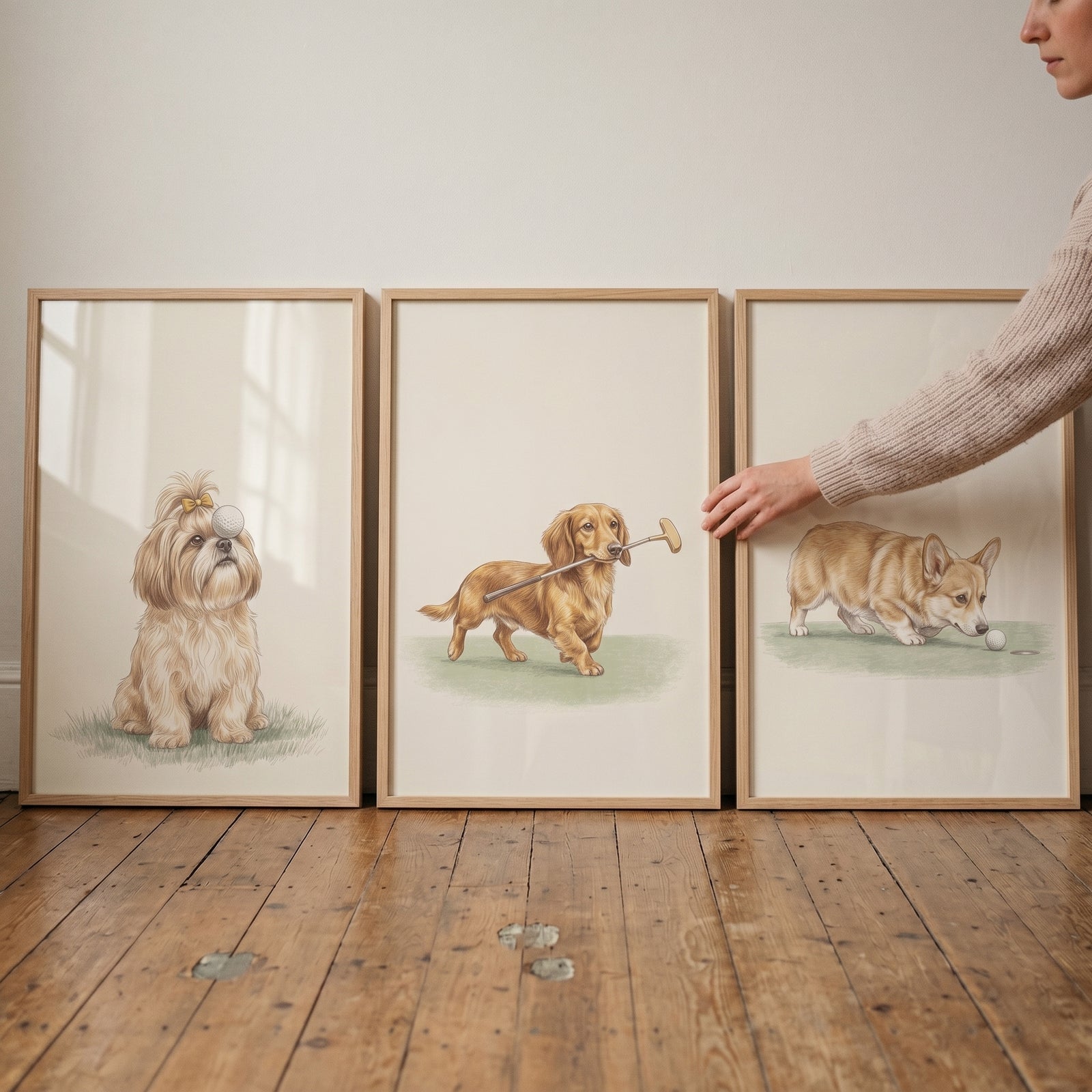 Person displays a sophisticated watercolor golfing dogs wall art set of 3 featuring a Shih Tzu, Dachshund, and Corgi.