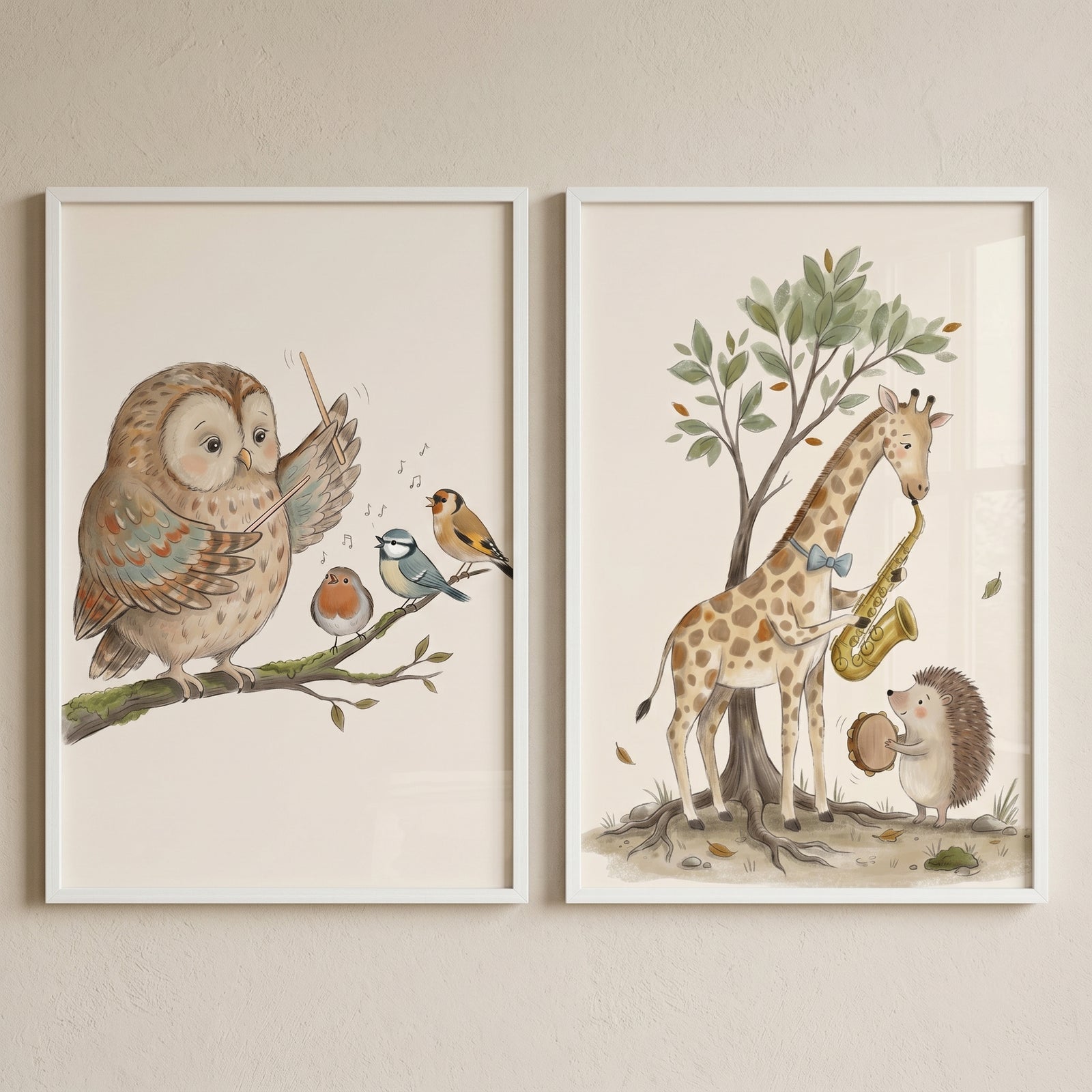 Sophisticated watercolor musical animals wall art set of 2 with an owl conductor, saxophone giraffe, and hedgehog.