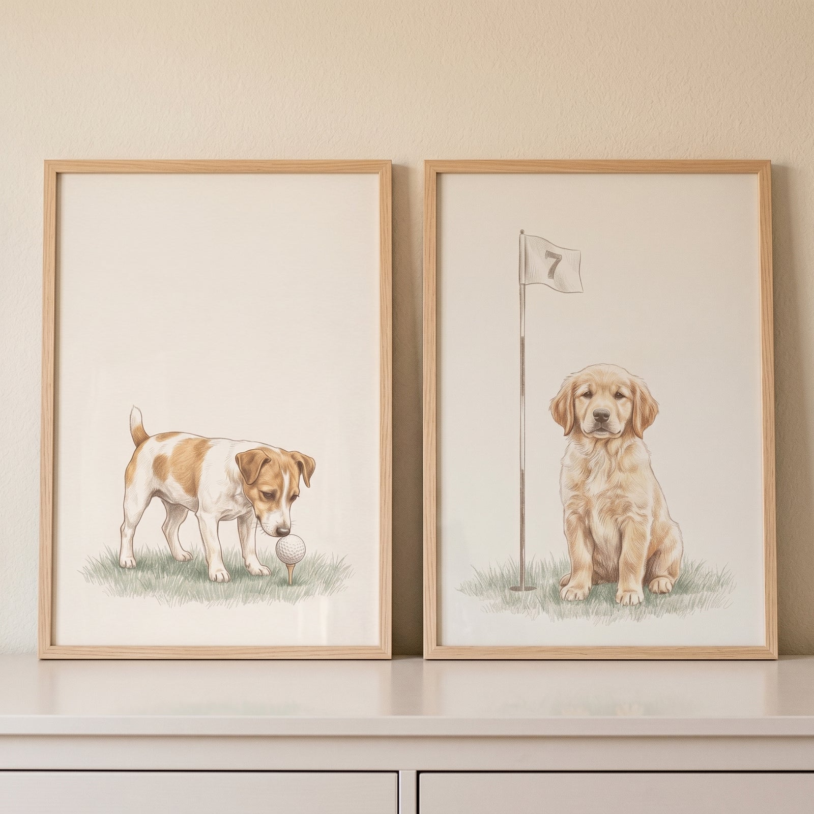 Sophisticated watercolor sporting dogs artwork set of 2 featuring a terrier with a golf ball and a retriever by a flag.