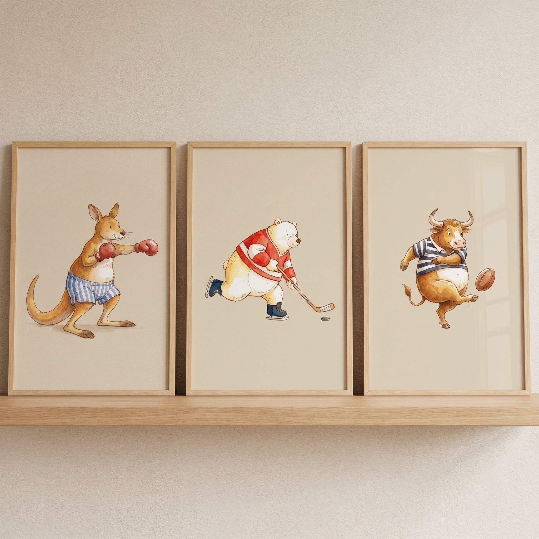 Sophisticated Watercolor Sports Animal Wall Art Set of 3 - Whimsical Sports Friends