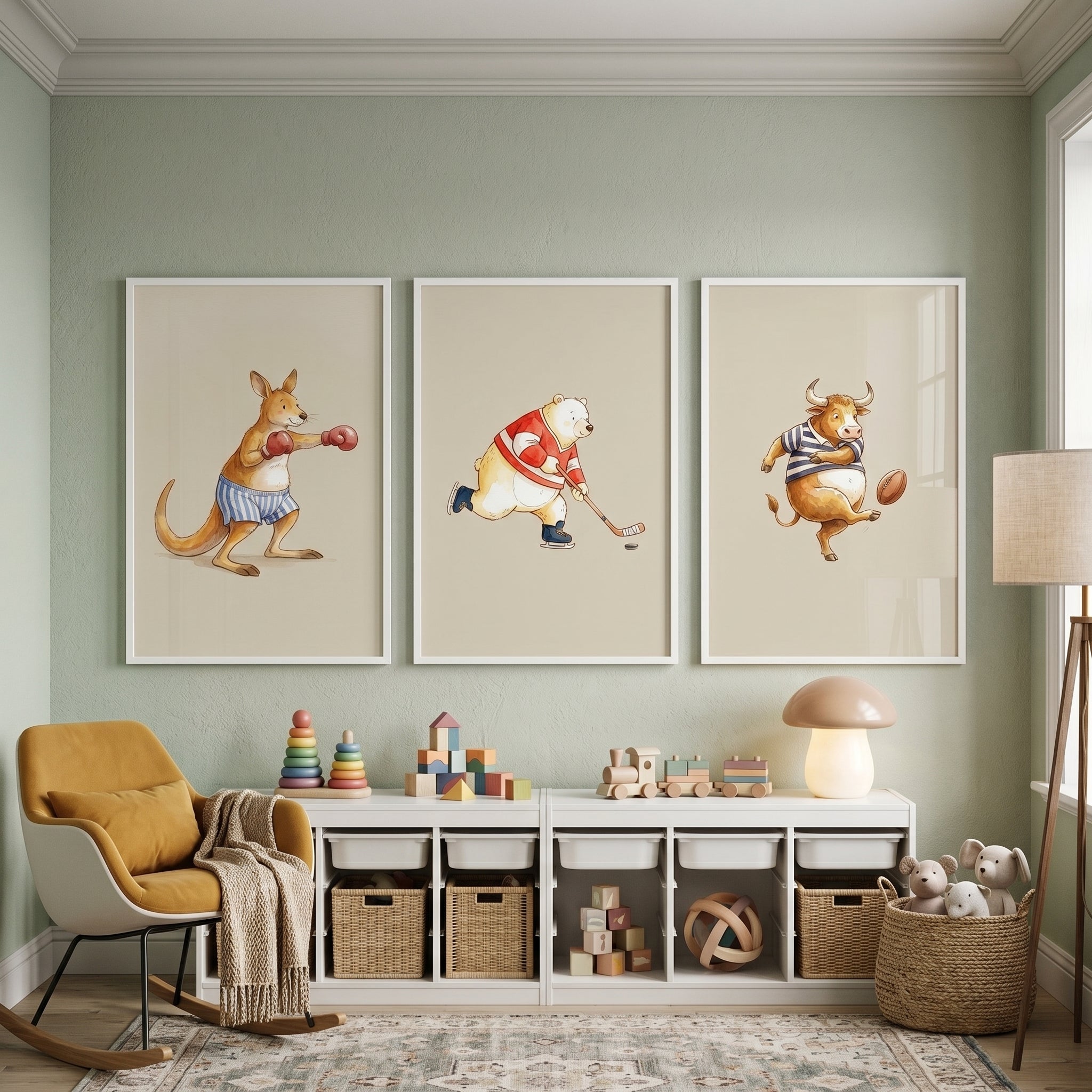 Sophisticated Watercolor Sports Animal Wall Art Set of 3 - Whimsical Sports Friends