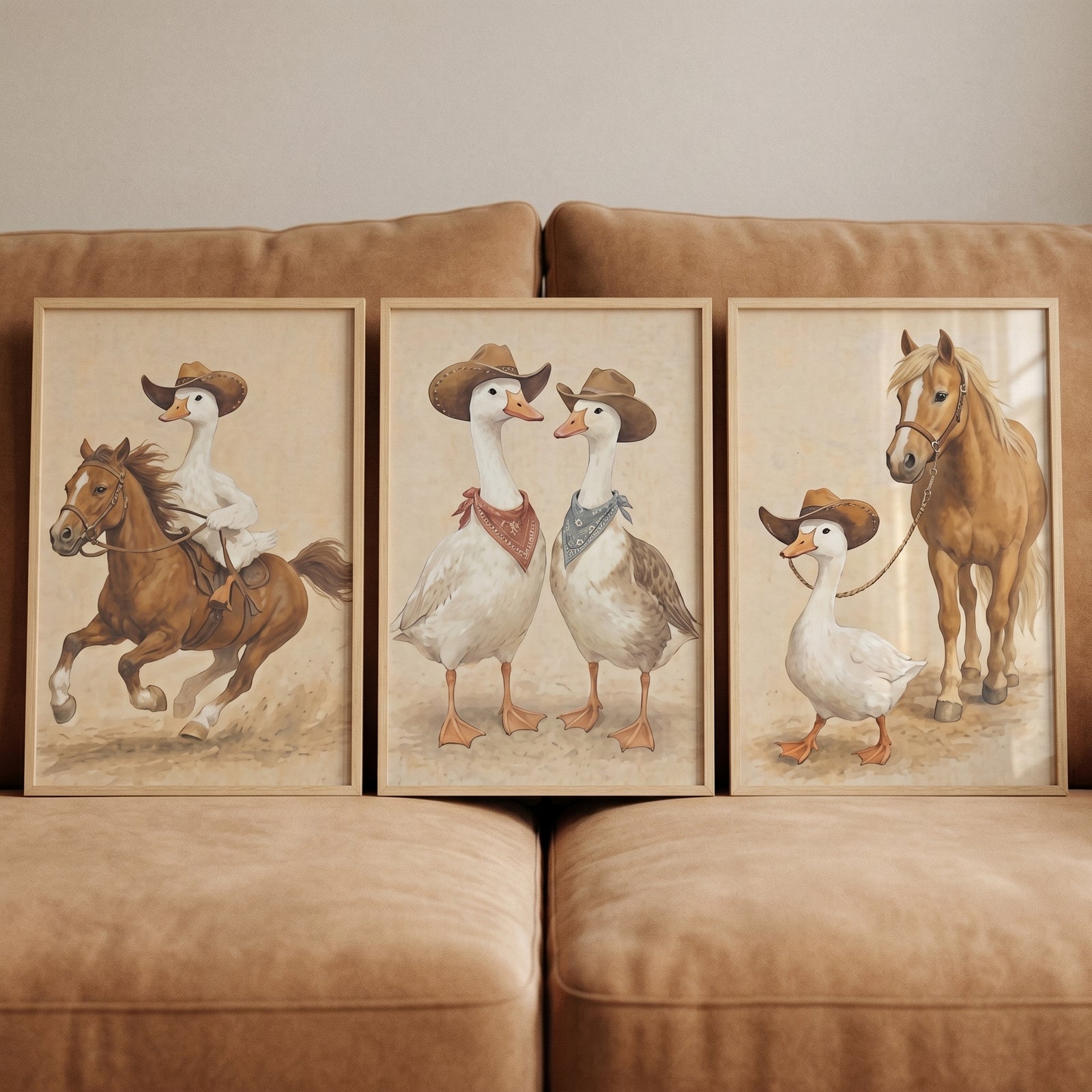 Sophisticated western cowboy goose wall art set of 3 features geese in hats and bandanas riding and leading horses.