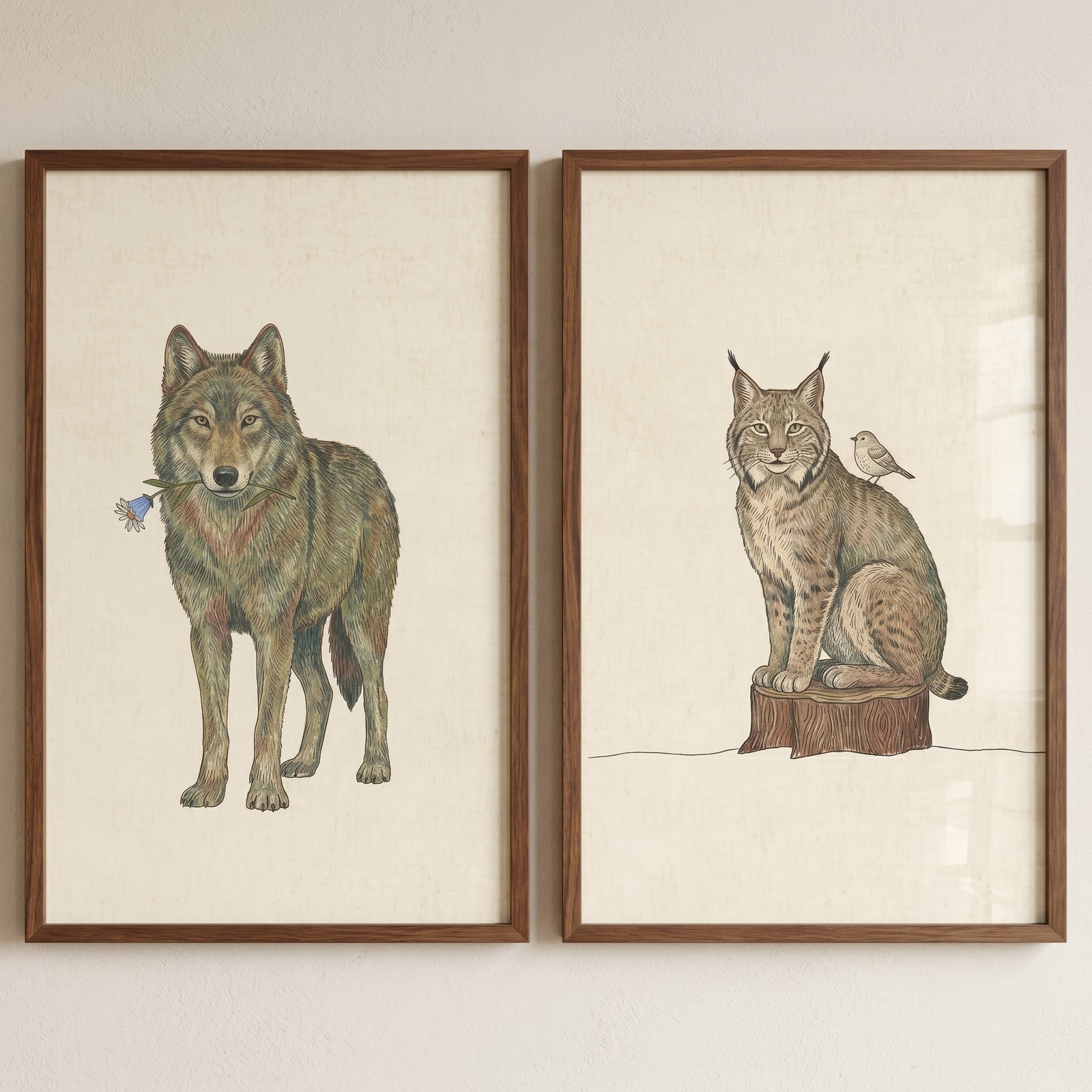 Sophisticated woodland animals wall art set of 2 featuring a wolf with a flower and a lynx sitting on a stump with a bird.
