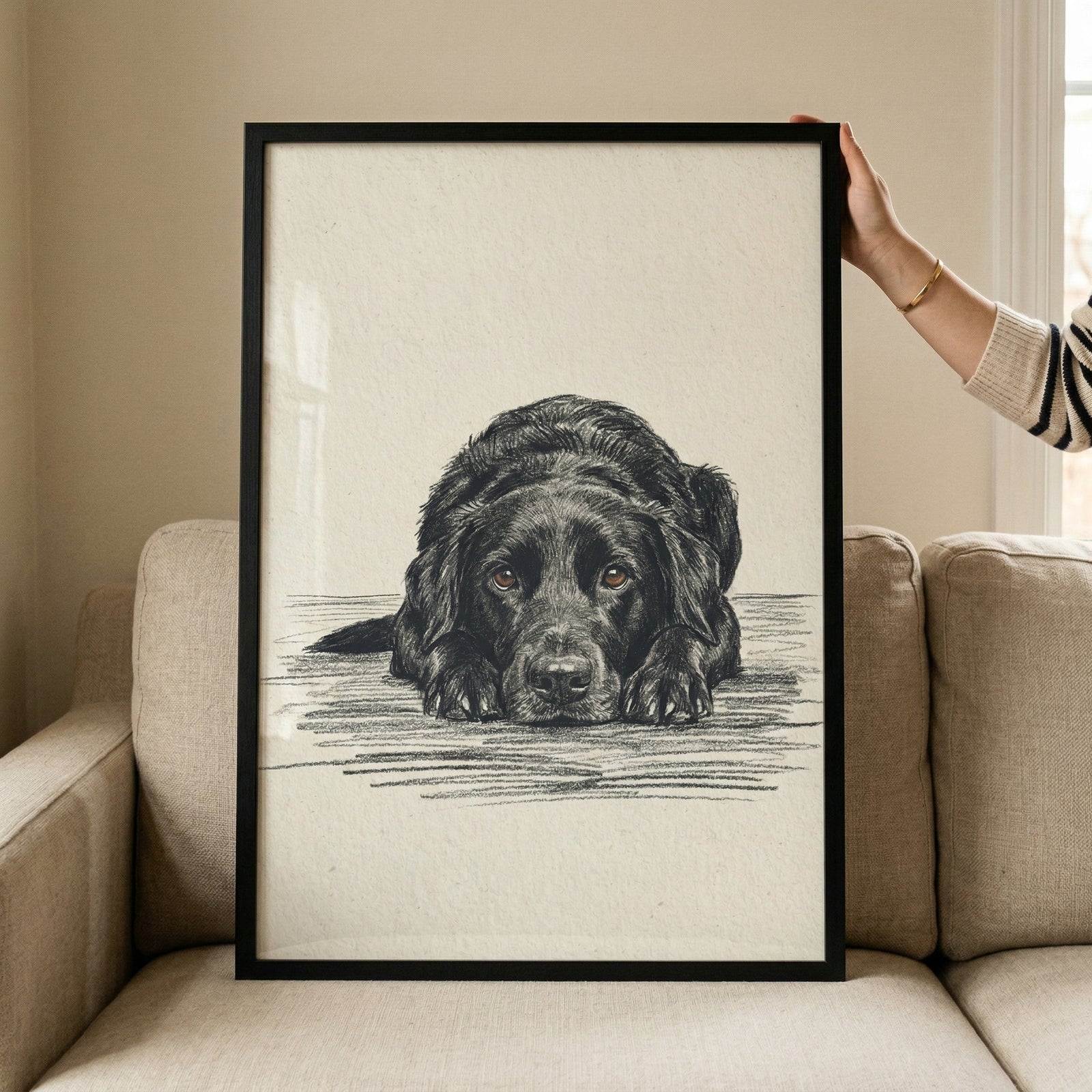 A large, framed vertical artwork featuring a detailed black and white sketch of a black dog. The dog is depicted lying down with its chin resting on its paws, looking directly at the viewer with expressive, light-colored eyes. The drawing uses fine lines and textured shading to realistically capture the dog's dark fur. 