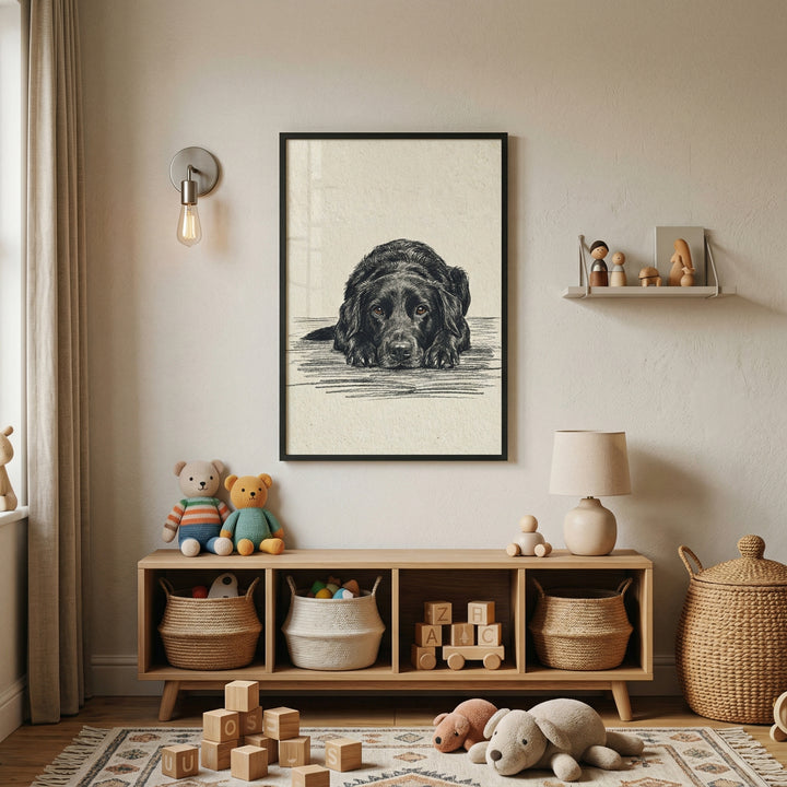 A cozy and neutral-toned nursery features a centered, black-framed illustration of a black dog resting its head on its paws with a soulful expression. Below the artwork sits a light wood storage console with three cubbies. The outer cubbies hold woven baskets, while the middle one contains a white fabric bin and wooden alphabet blocks.
