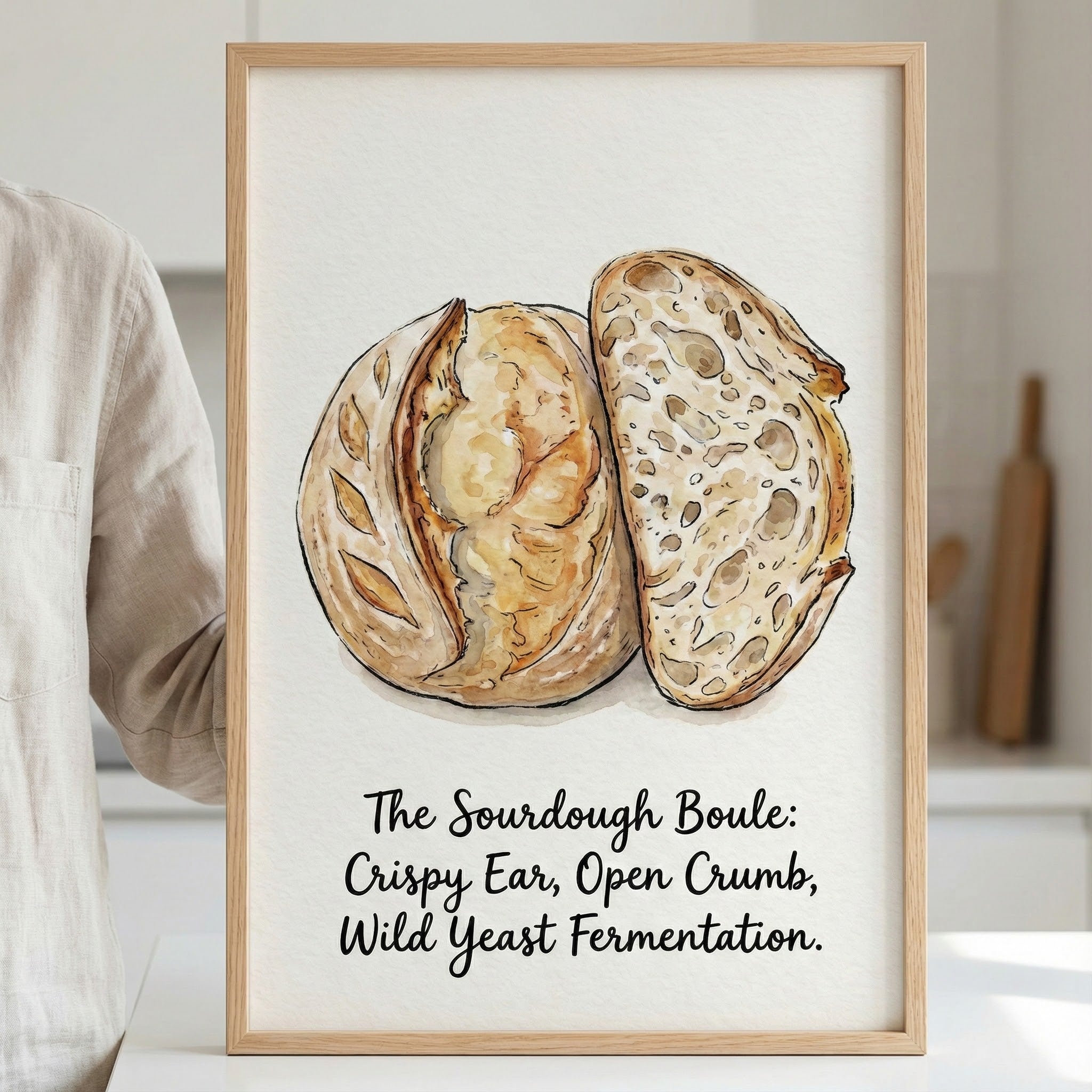 Illustrated poster of a sourdough boule, split to show the crusty exterior and open crumb inside. The caption describes the bread's crispy ear, airy texture, and wild yeast fermentation.

