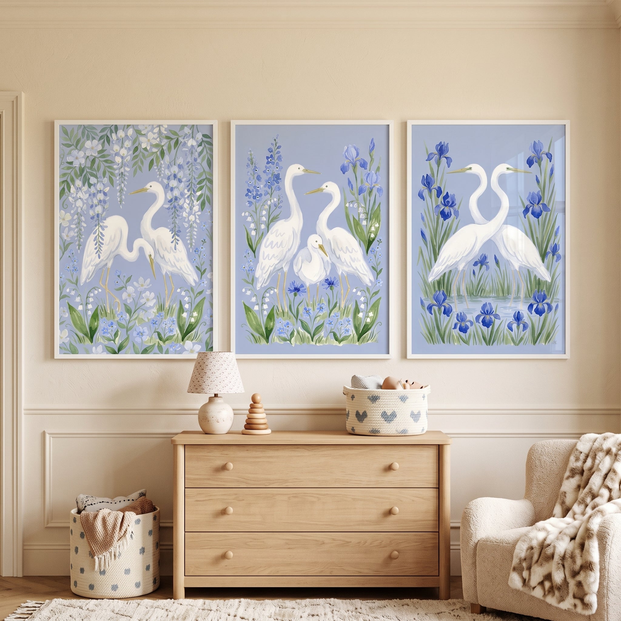 Southern Charm Botanical Egret Bird Wall Art Set of 3 - Serene Garden Herons