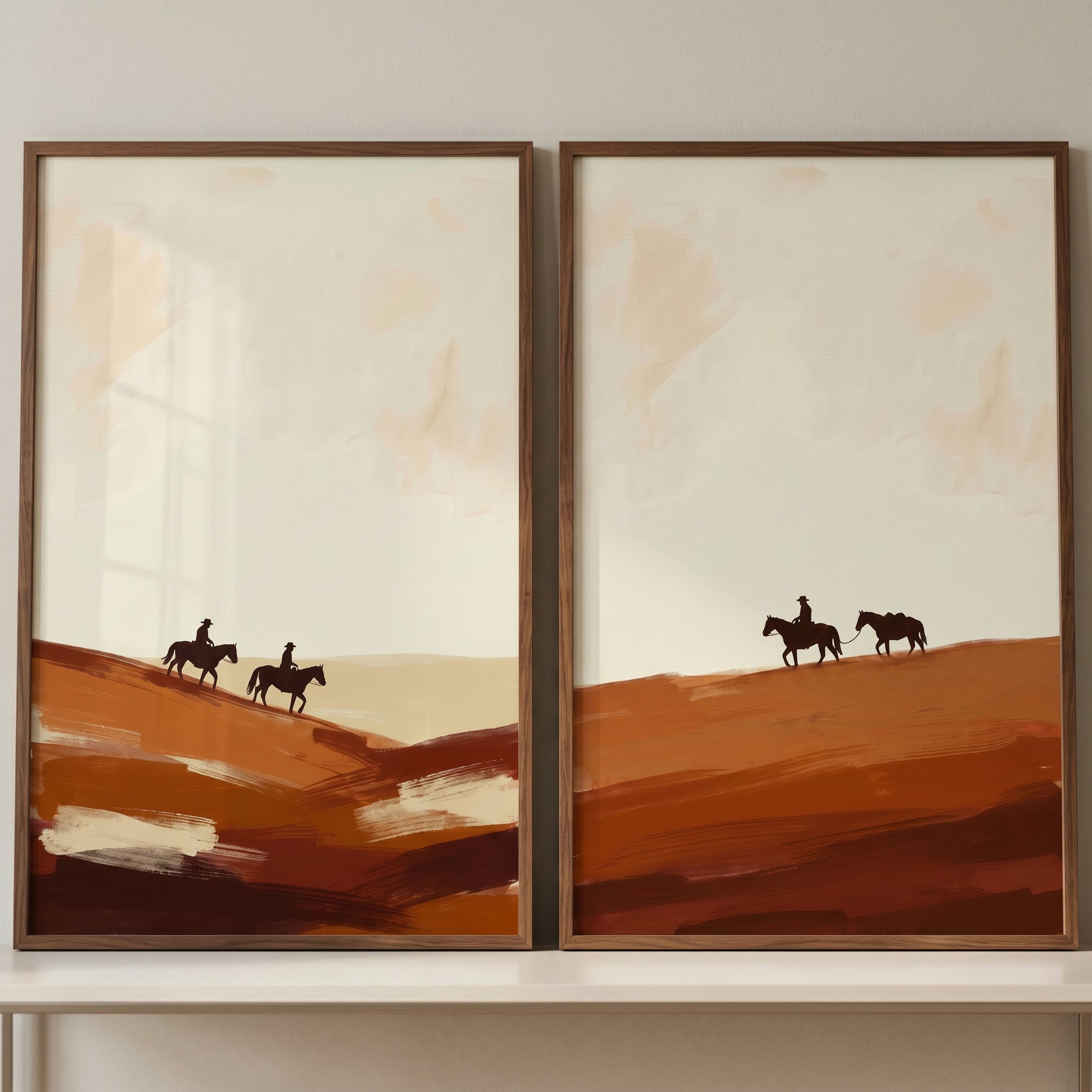 Southwest Terracotta Silhouette Cowboy Wall Art Set of 2 - Desert Trail Riders