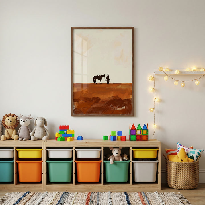Southwestern boho desert cowboy wall art hangs over a toy shelf with colorful bins and stuffed animals in a bright room.