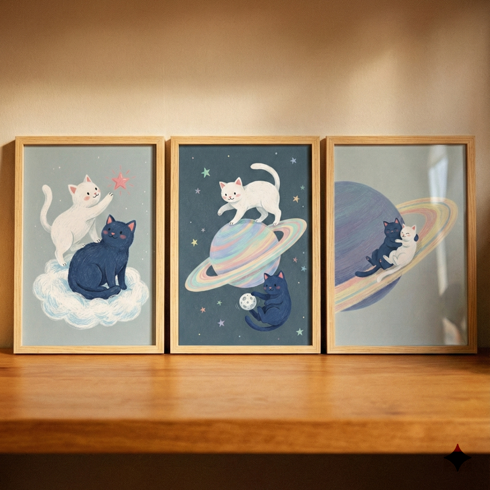 Three framed illustrations sit side-by-side on a wooden surface, featuring a white cat and a navy blue cat in space. On the left, they sit on a cloud as the white cat reaches for a pink star. In the center, the white cat walks on a ringed planet while the blue cat holds a moon. The right frame shows the pair cuddling on the rings of a large planet. The artwork has a soft, whimsical, hand-drawn style with a pastel color palette and gentle textures.
