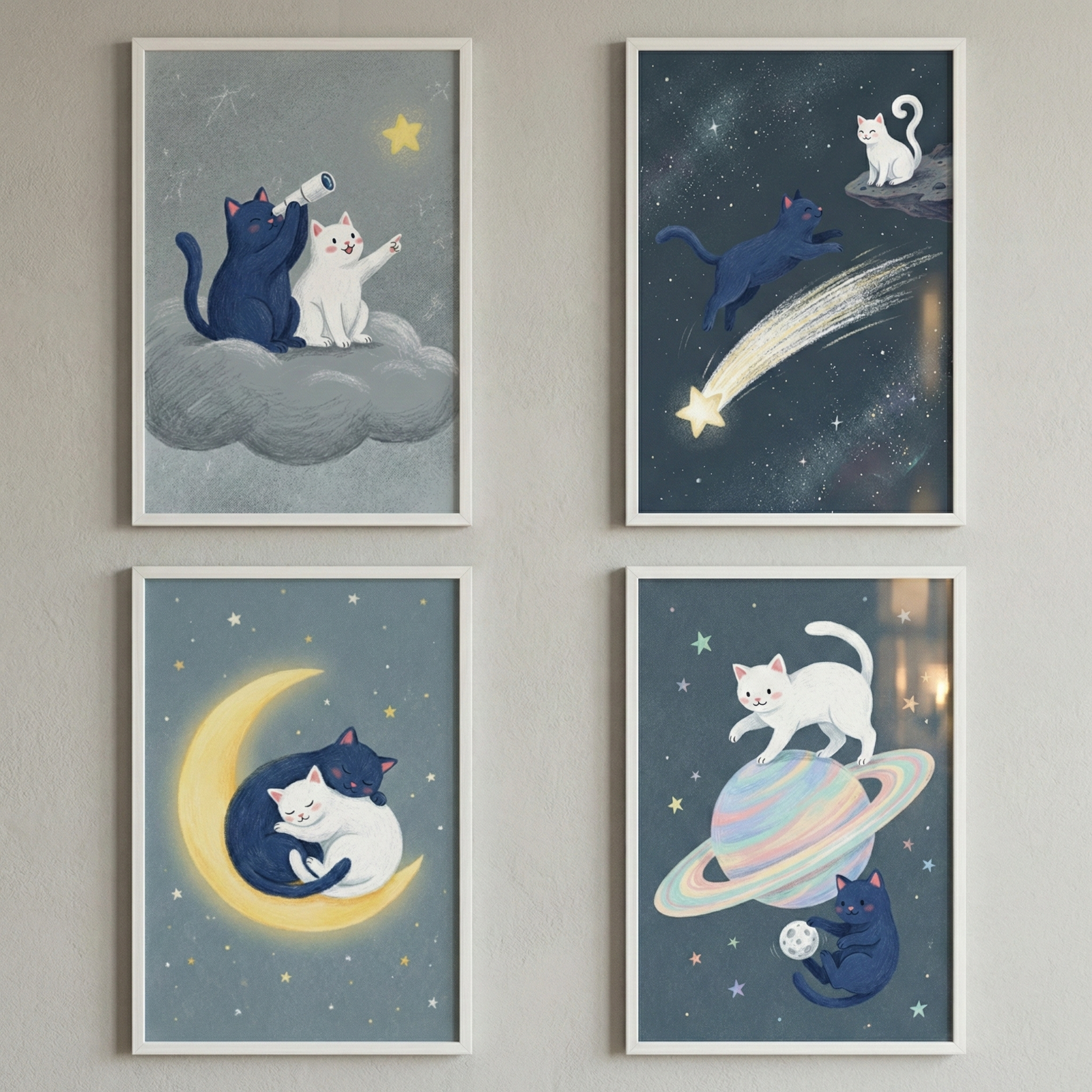 A grid of four framed artworks on a neutral wall shows a series of celestial-themed illustrations. Each piece features a dark blue cat and a white cat in various space scenes. Top left: Cats on a cloud, one looking through a telescope at a star. Top right: A dark cat leaps past a shooting star while a white cat watches from a rock. Bottom left: Both cats sleep soundly on a glowing crescent moon. Bottom right: A white cat walks on a ringed planet as the dark cat holds a small moon. The style is whimsical.