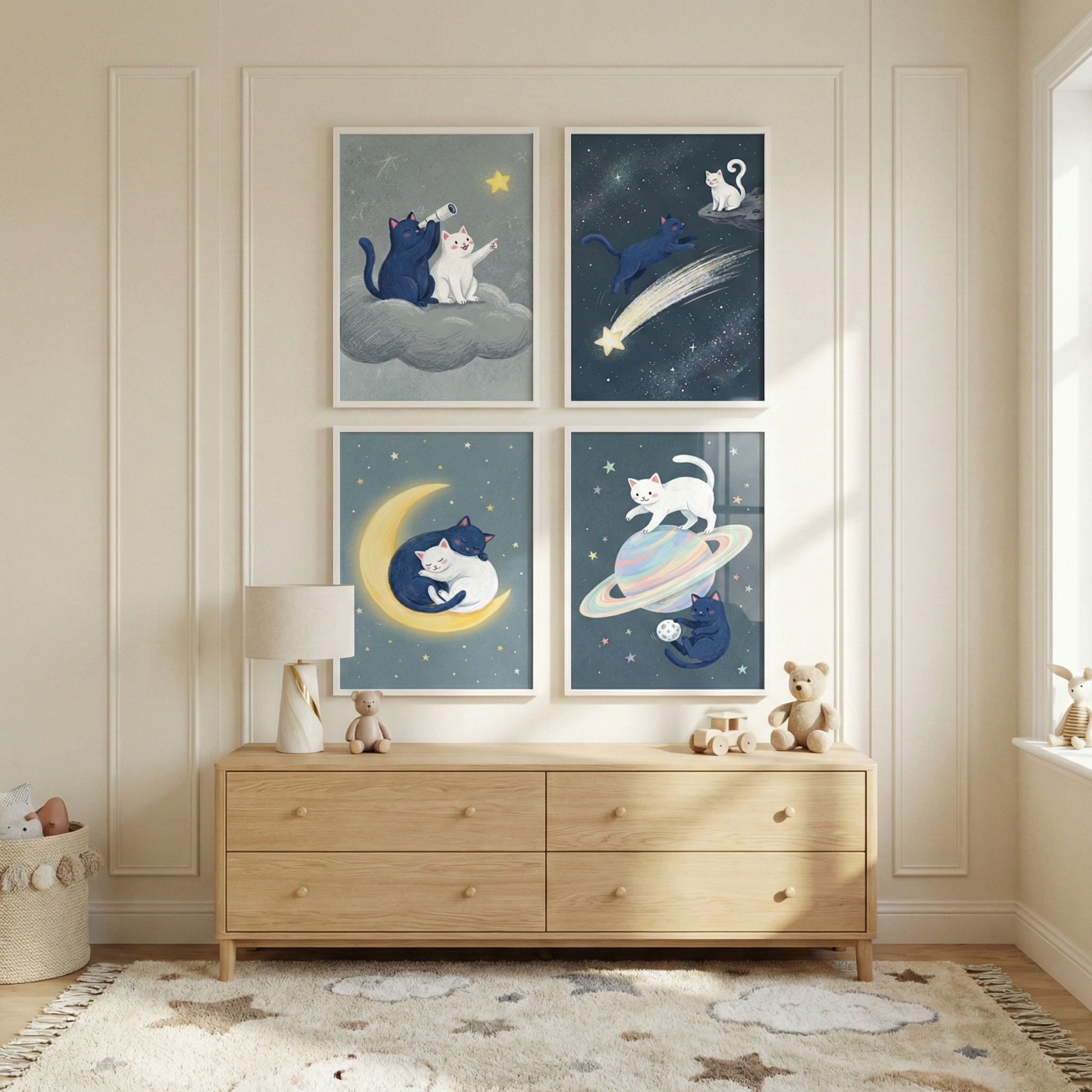 Space Cat Wall Art Set of 4 - Whimsical Space Cats