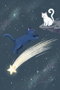 Playful illustration of a blue cat jumping through a starry night sky toward a white cat sitting on a floating rock. A bright shooting star streaks across the scene beneath them.

