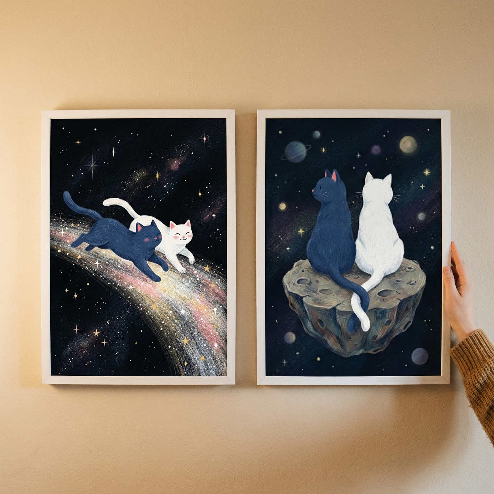 Two framed vertical artworks hang side-by-side on a plain wall. The left illustration shows a dark blue cat and a white cat leaping across a sparkling, colorful trail of light in a star-filled sky. The right illustration depicts the same two cats sitting back-to-back on a floating asteroid, their tails crossing. The background features a dark space scene with distant stars and planets. Both pieces have simple white frames. A hand in a brown sweater sleeve holds the edge of the right frame.
