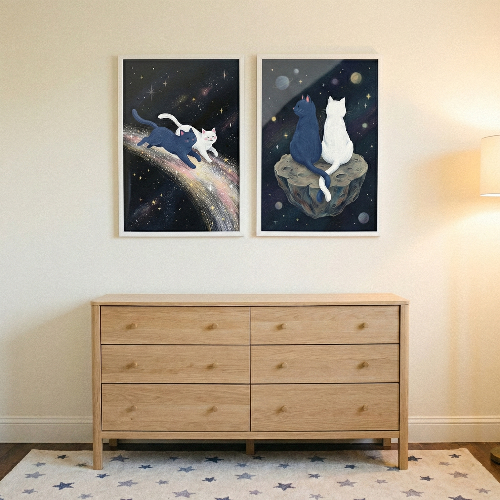 Space Cats Art Set of 2 - Celestial Cat Duo