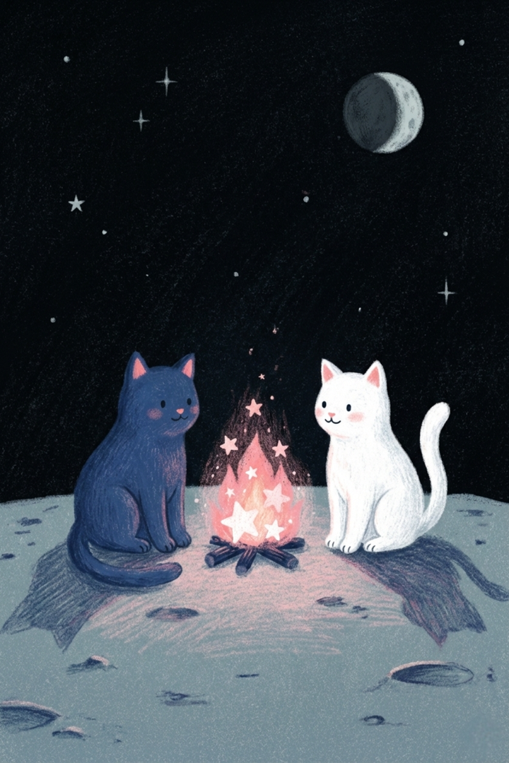 Charming illustration of a blue cat and a white cat sitting around a small campfire. The flames glow with star shapes as a crescent moon and scattered stars shine in the night sky.
