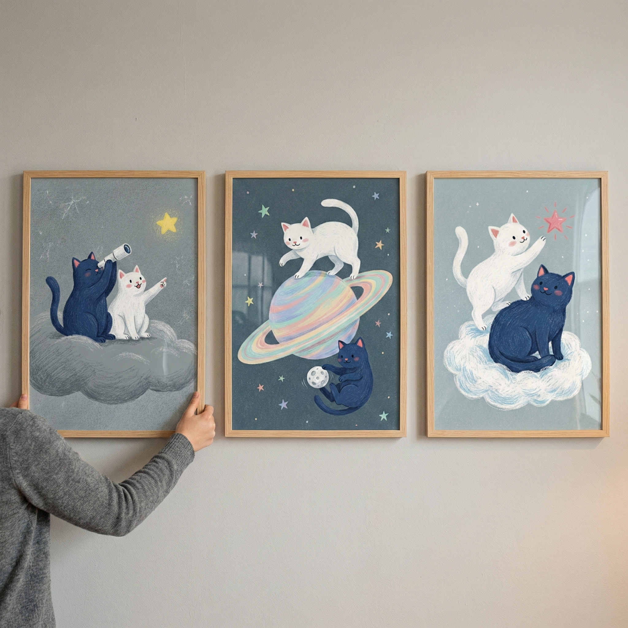 Space Cats Wall Art Set of 3 - Cosmic Kitty Adventures