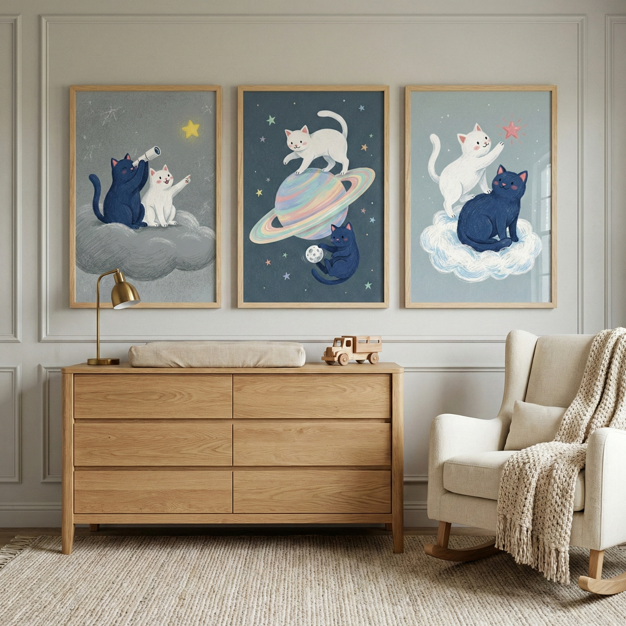 Space Cats Wall Art Set of 3 - Cosmic Kitty Adventures