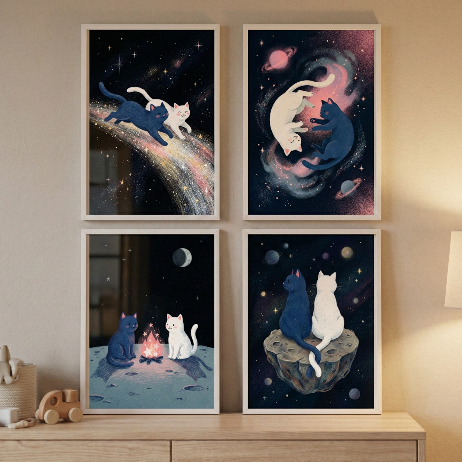 Four framed illustrations are arranged in a 2x2 grid on a beige wall above a wooden dresser. Each piece features a dark blue cat and a white cat in whimsical space-themed scenes. The cats are shown gliding along a vibrant celestial path, floating within a swirling pink nebula, sitting by a campfire on a lunar surface, and resting together on an asteroid while gazing at distant planets. A small wooden toy car and part of a lamp are visible on the furniture below the art.