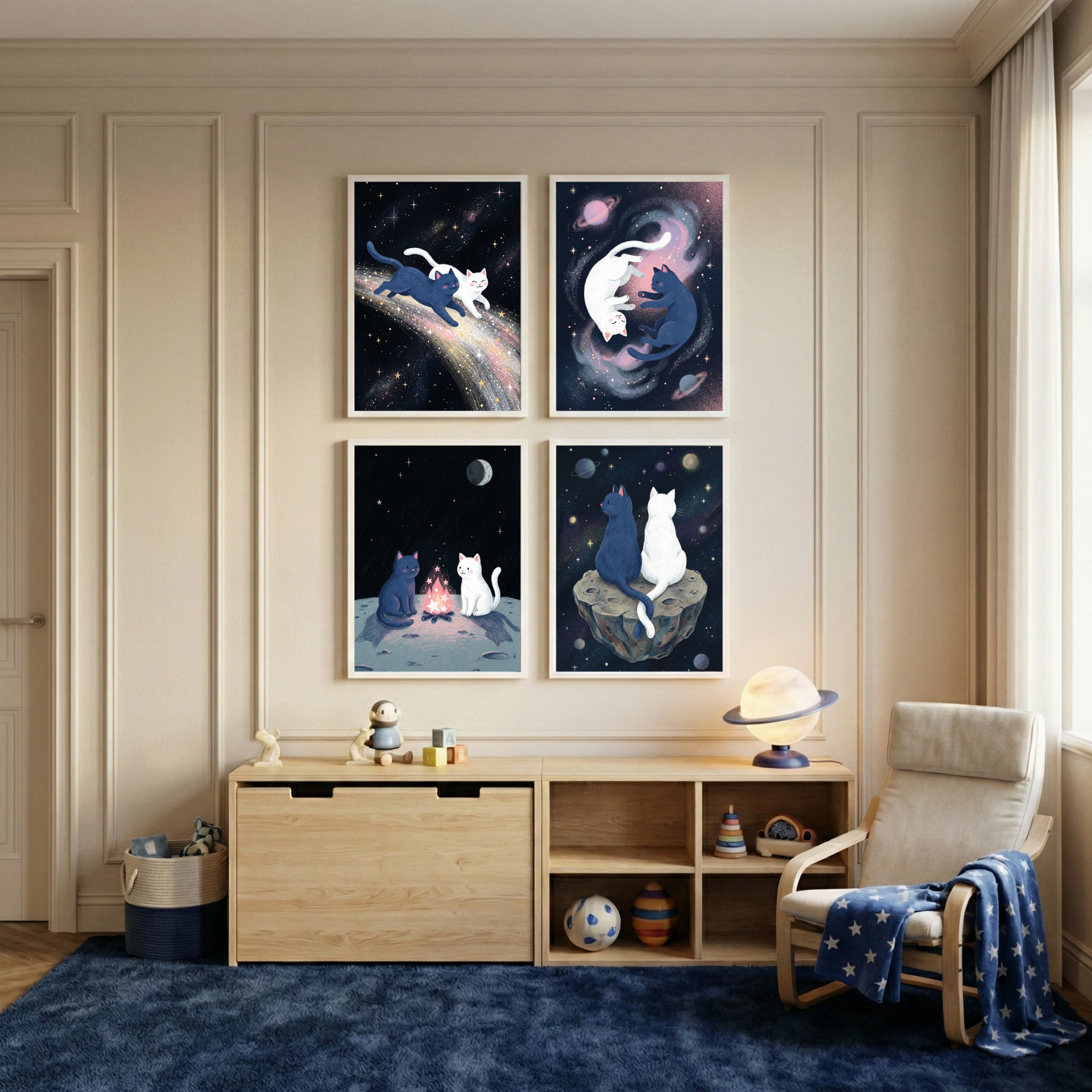 Space Cats Nursery Wall Art Set of 4 - Celestial Felines
