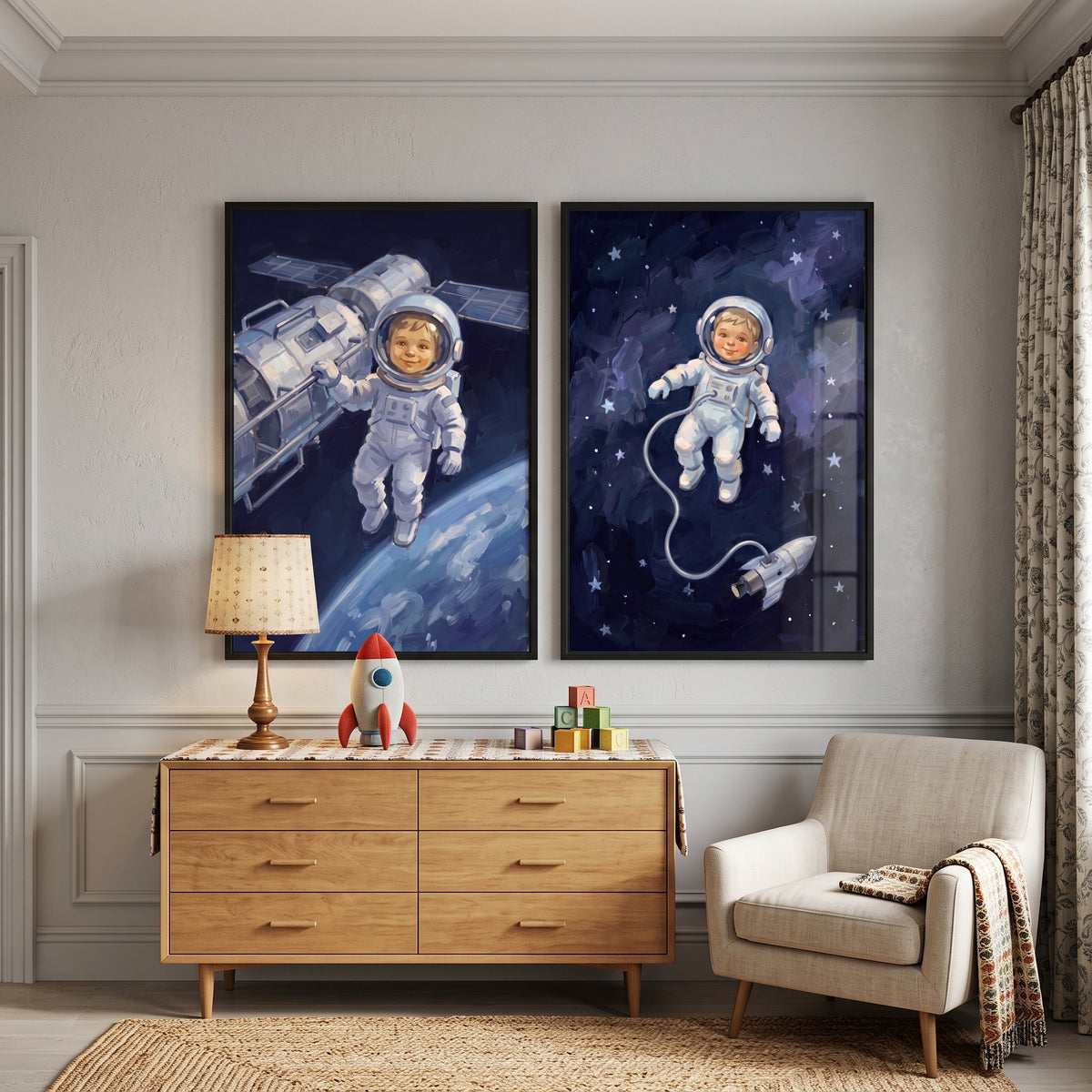 Space Explorer Baby Astronaut Wall Art Set of 2 - Tiny Galactic Voyager
