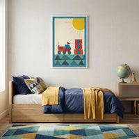 A bright and modern child's bedroom features a light-colored wooden bed with navy blue and yellow bedding. Above the bed hangs a large framed graphic print showing a stylized red and blue space vehicle on a planet's surface under a bright yellow sun. A colorful rug with a blue, teal, and yellow geometric pattern sits on the floor. To the right, a wooden shelf holds a globe and a small wooden rocket model. The walls are a neutral off-white color.