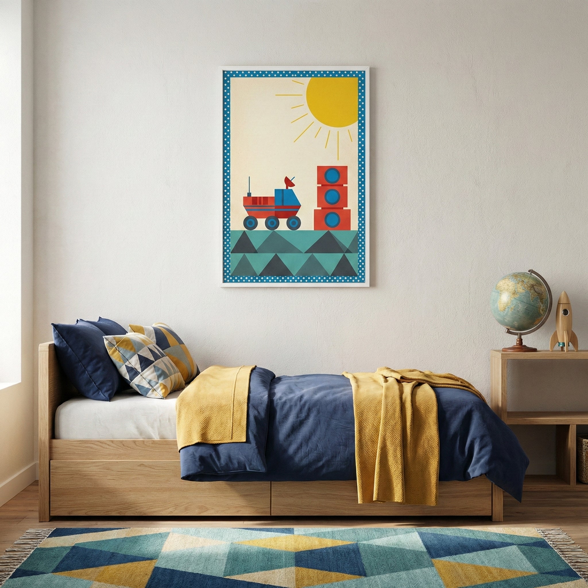 A bright and modern child's bedroom features a light-colored wooden bed with navy blue and yellow bedding. Above the bed hangs a large framed graphic print showing a stylized red and blue space vehicle on a planet's surface under a bright yellow sun. A colorful rug with a blue, teal, and yellow geometric pattern sits on the floor. To the right, a wooden shelf holds a globe and a small wooden rocket model. The walls are a neutral off-white color.