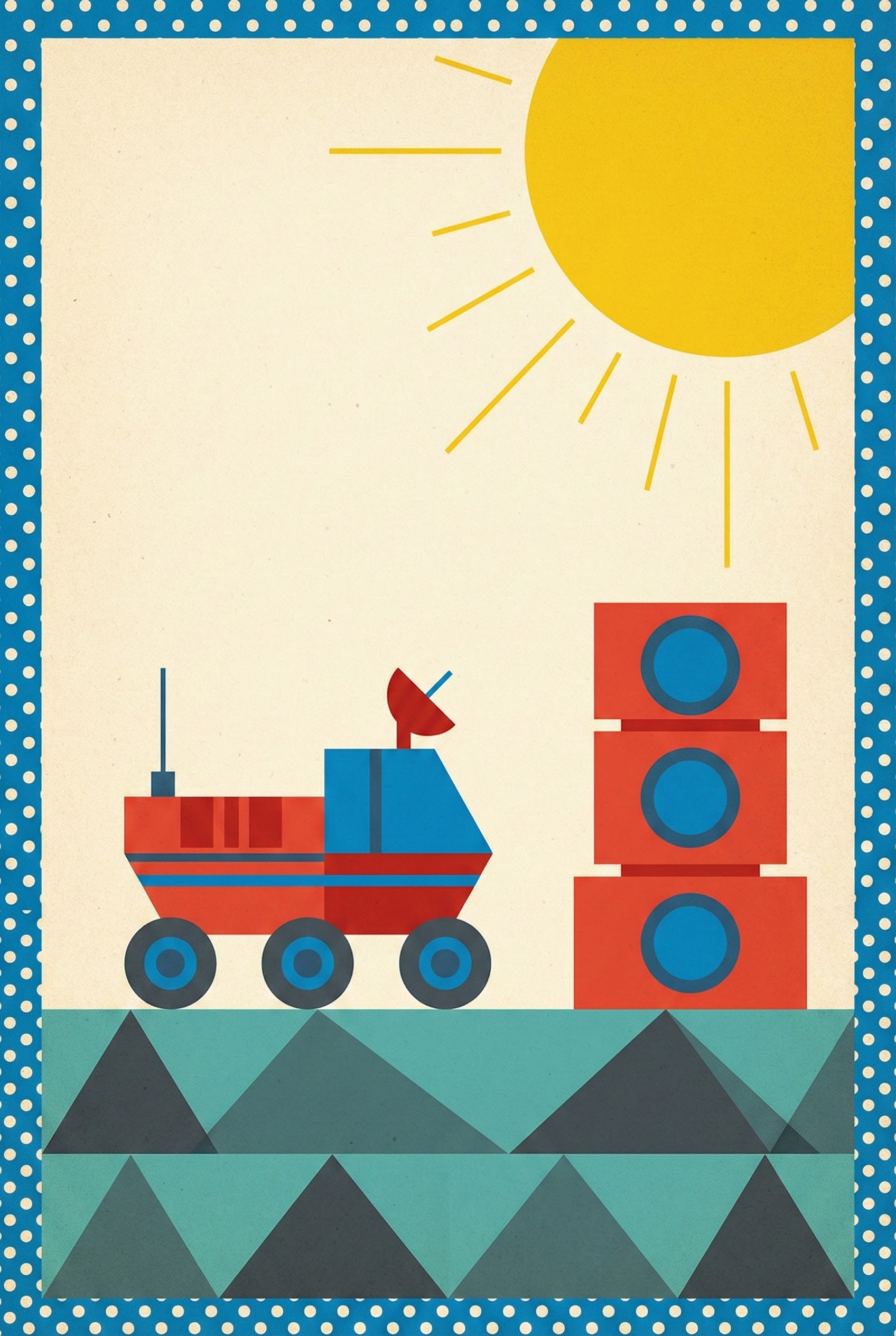  A red and blue futuristic rover with antennae and satellite dish rolls toward a tall stack of red cubes under an oversized yellow sun.
