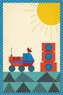  A red and blue futuristic rover with antennae and satellite dish rolls toward a tall stack of red cubes under an oversized yellow sun.
