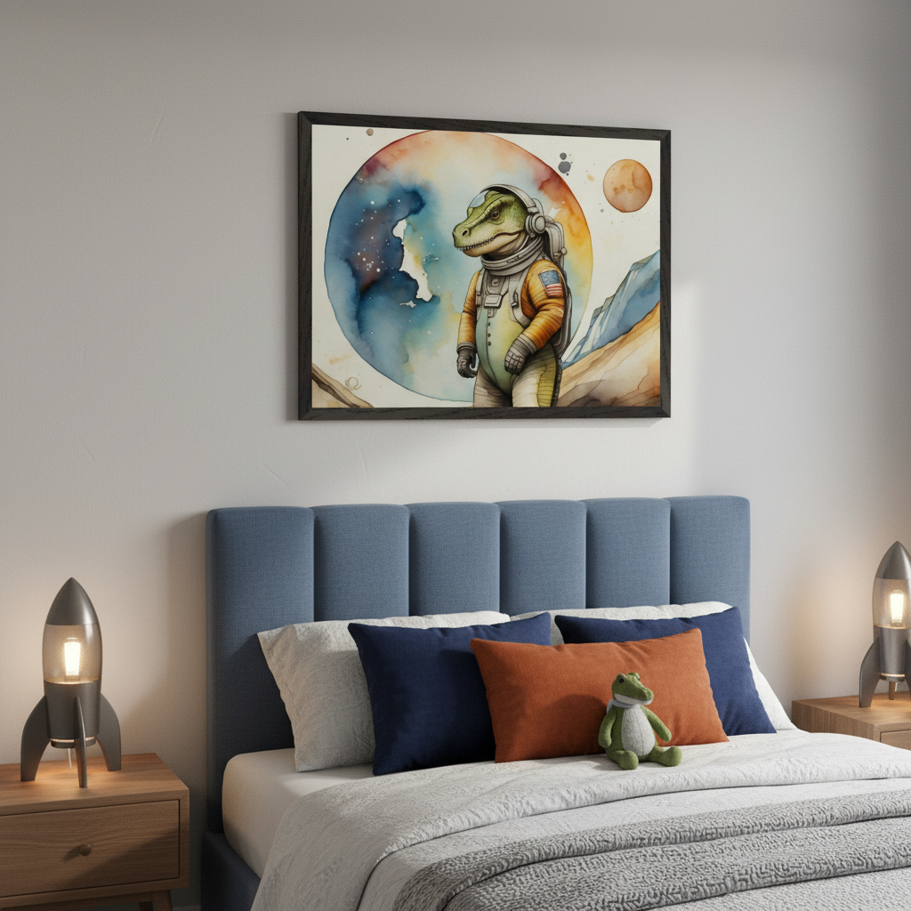Starlight Space Dinosaur Astronaut Wall Art for Nursery, Playroom or Kids Bedrooms - Moonlit Dino Adventure Decor - Galactic Rex Explorer