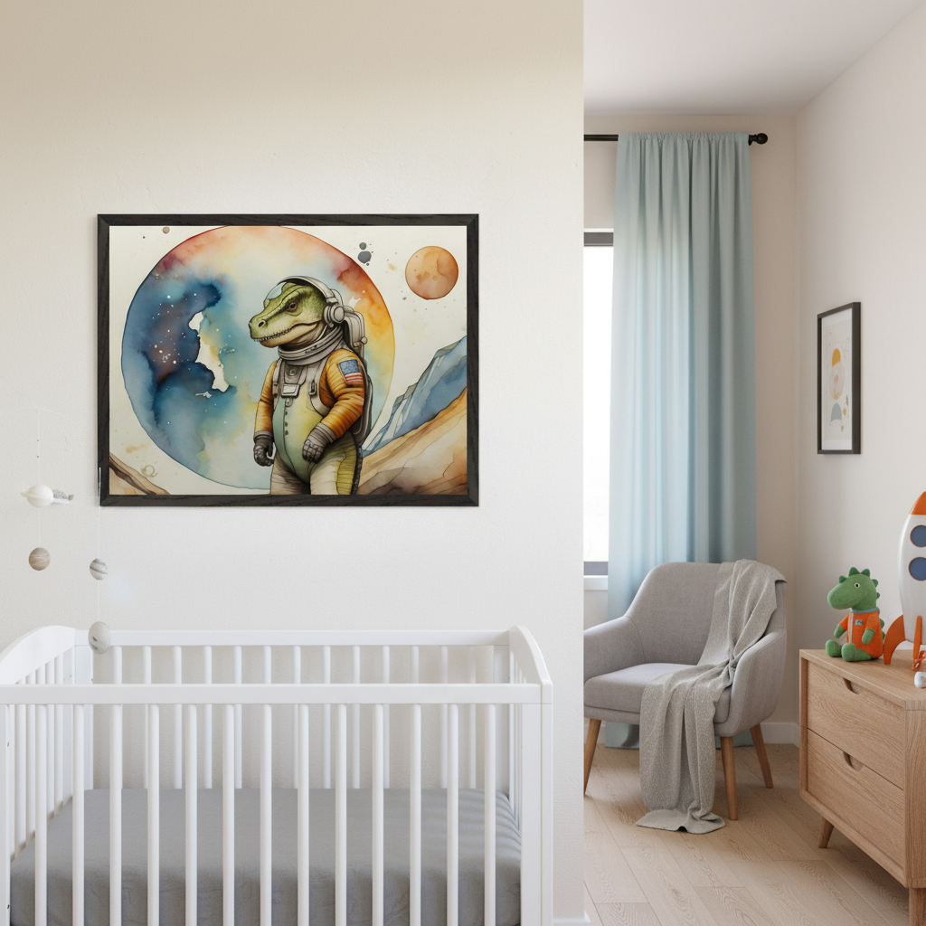 Starlight Space Dinosaur Astronaut Wall Art for Nursery, Playroom or Kids Bedrooms - Moonlit Dino Adventure Decor - Galactic Rex Explorer