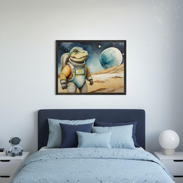 Kid's bedroom with a navy blue upholstered bed and two white nightstands. A framed watercolor print of a dinosaur astronaut on an alien planet with a large moon in the background hangs centered above the bed.