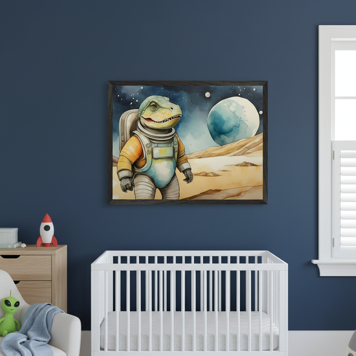 Modern nursery with dark blue walls. A large framed watercolor painting of an astronaut dinosaur on a planetary surface with a blue moon hangs centered above a white crib. A wood dresser and white armchair are visible to the left.