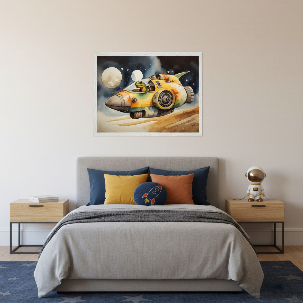 Modern kid's bedroom with a gray upholstered bed and two wood nightstands. A framed watercolor print of a frog in a spaceship flying under a night sky with moons hangs centered above the bed.