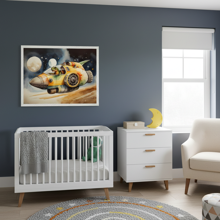 Modern nursery with a dark blue wall. A white crib, white dresser, and light armchair are visible. A framed watercolor print of a dinosaur piloting a yellow spaceship under moons hangs above the crib.