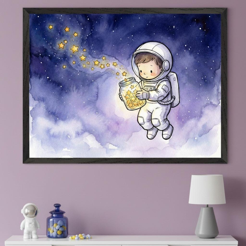 Kid's bedroom with a white dresser against a lavender wall. A large framed watercolor print of a cartoon astronaut in space holding a jar of stars hangs above the dresser. An astronaut figurine, a blue candy jar, and a gray lamp are on the dresser.