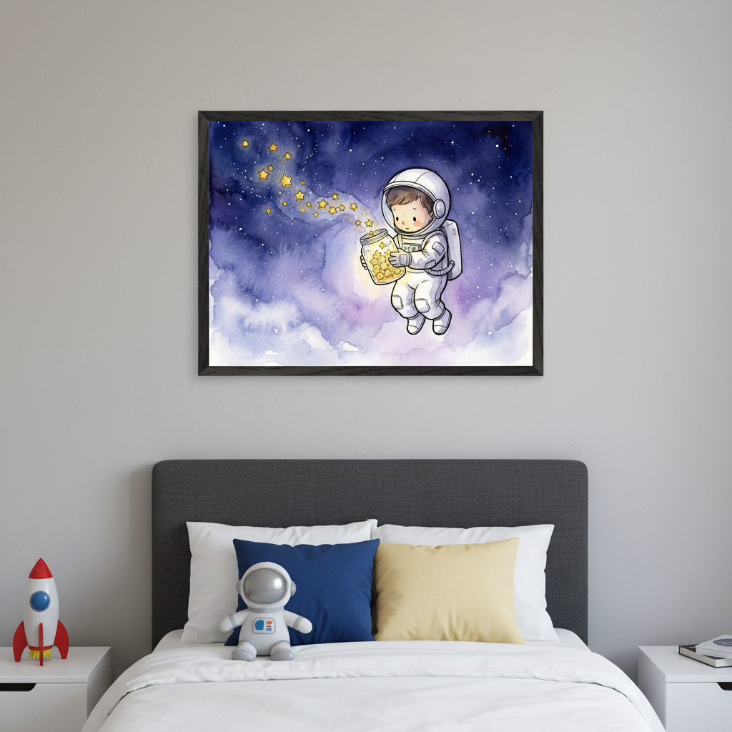 Kid's bedroom with a gray upholstered bed, white bedding, and two nightstands. Centered above the bed is a framed watercolor painting depicting a child astronaut pouring golden stars from a jar into a dark, starry, purple and blue sky.